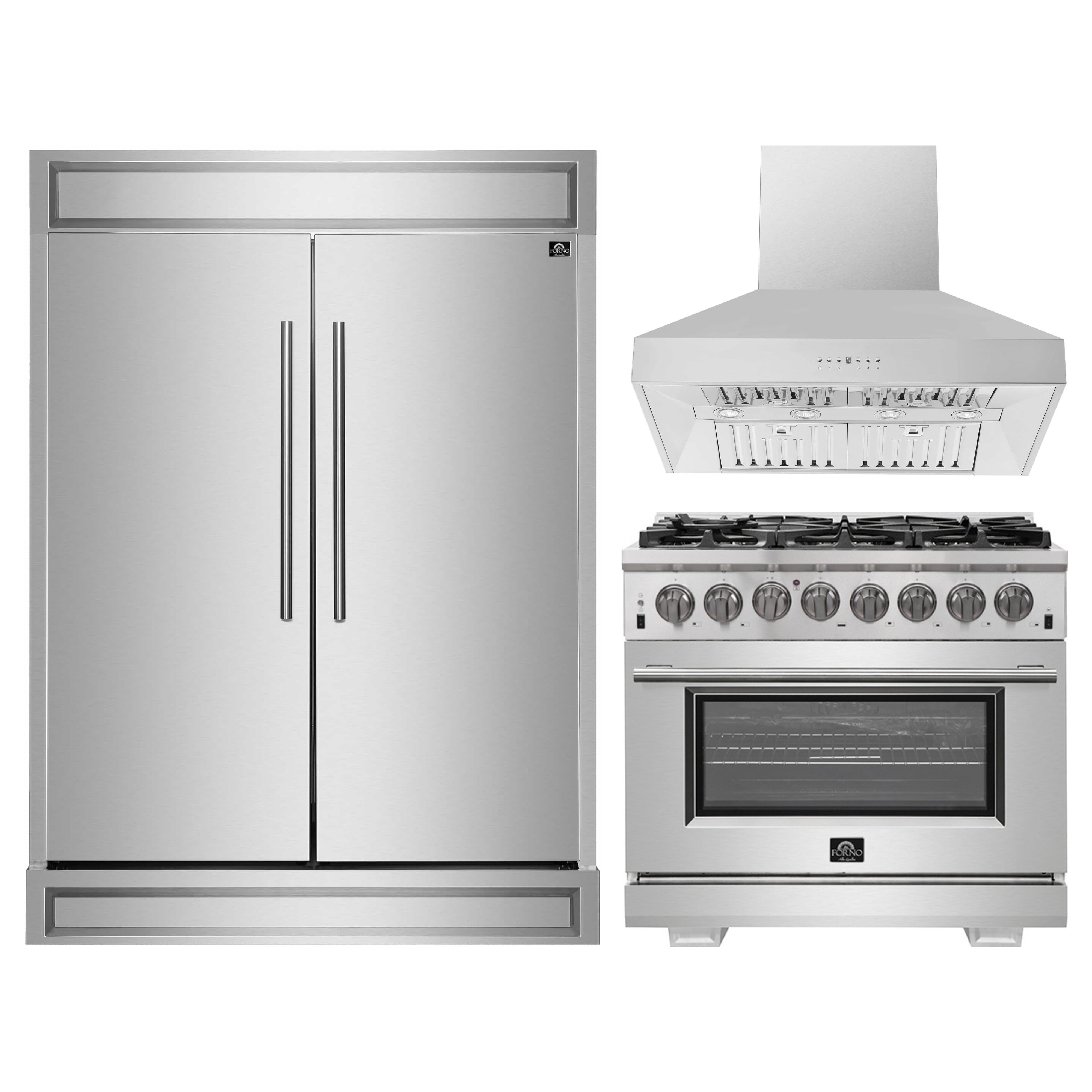 Stainless steel refrigerator and dual-fuel range with wall hood, burners and knobs