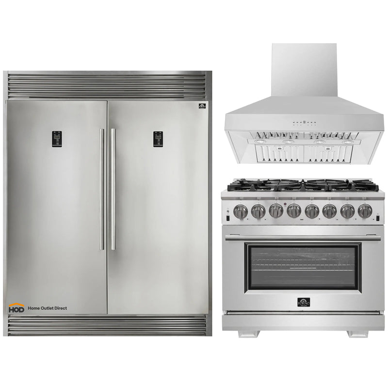 Forno 3-Piece Pro Appliance Package - 36-Inch Dual Fuel Range, 60-Inch Pro-Style Refrigerator & Wall Mount Hood in Stainless Steel