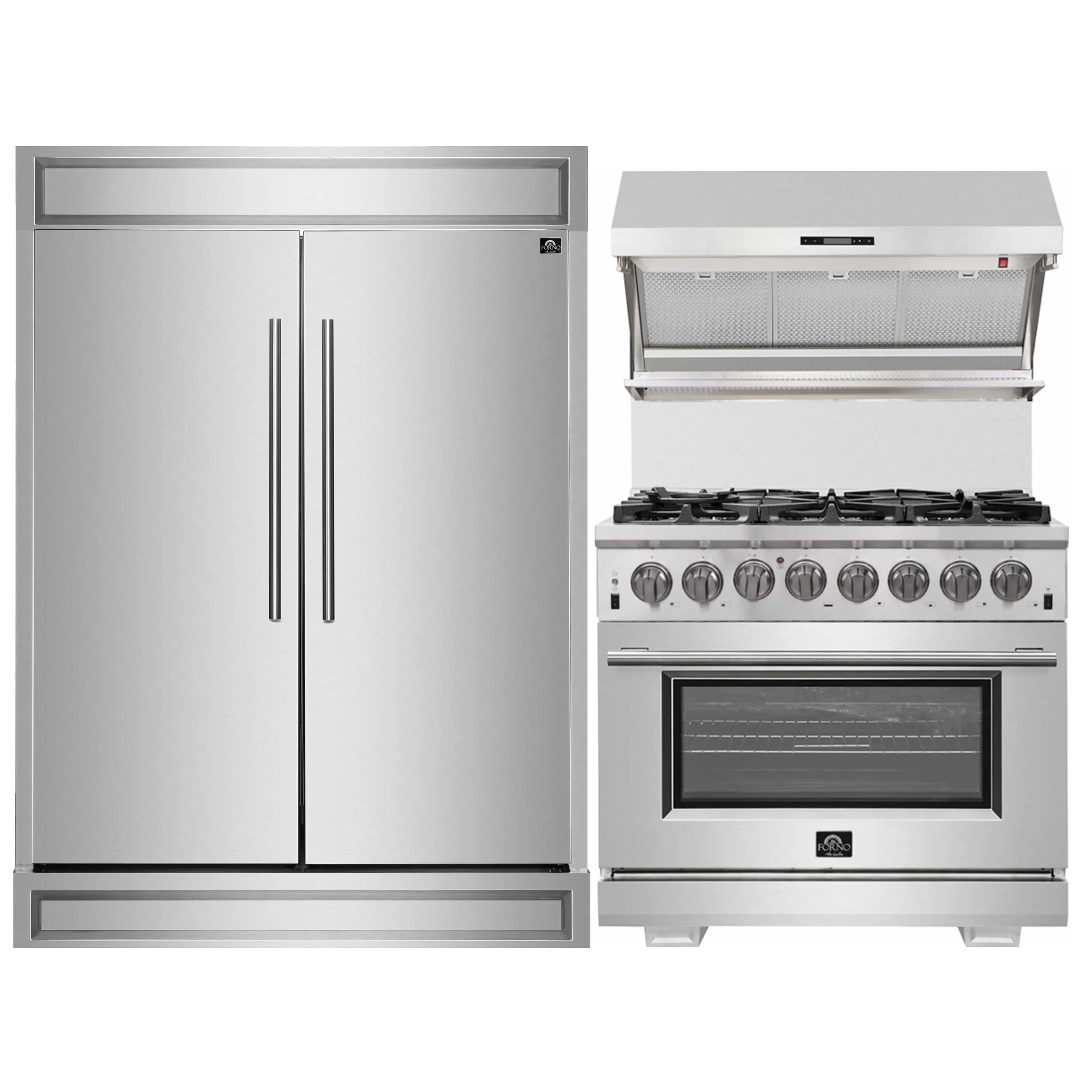 Stainless refrigerator with dual doors beside stainless gas range with open broiler