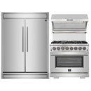 Forno 3-Piece Appliance Package - 36-Inch Dual Fuel Range, 60-Inch Pro-Style Refrigerator & Wall Mount Hood with Backsplash in Stainless Steel