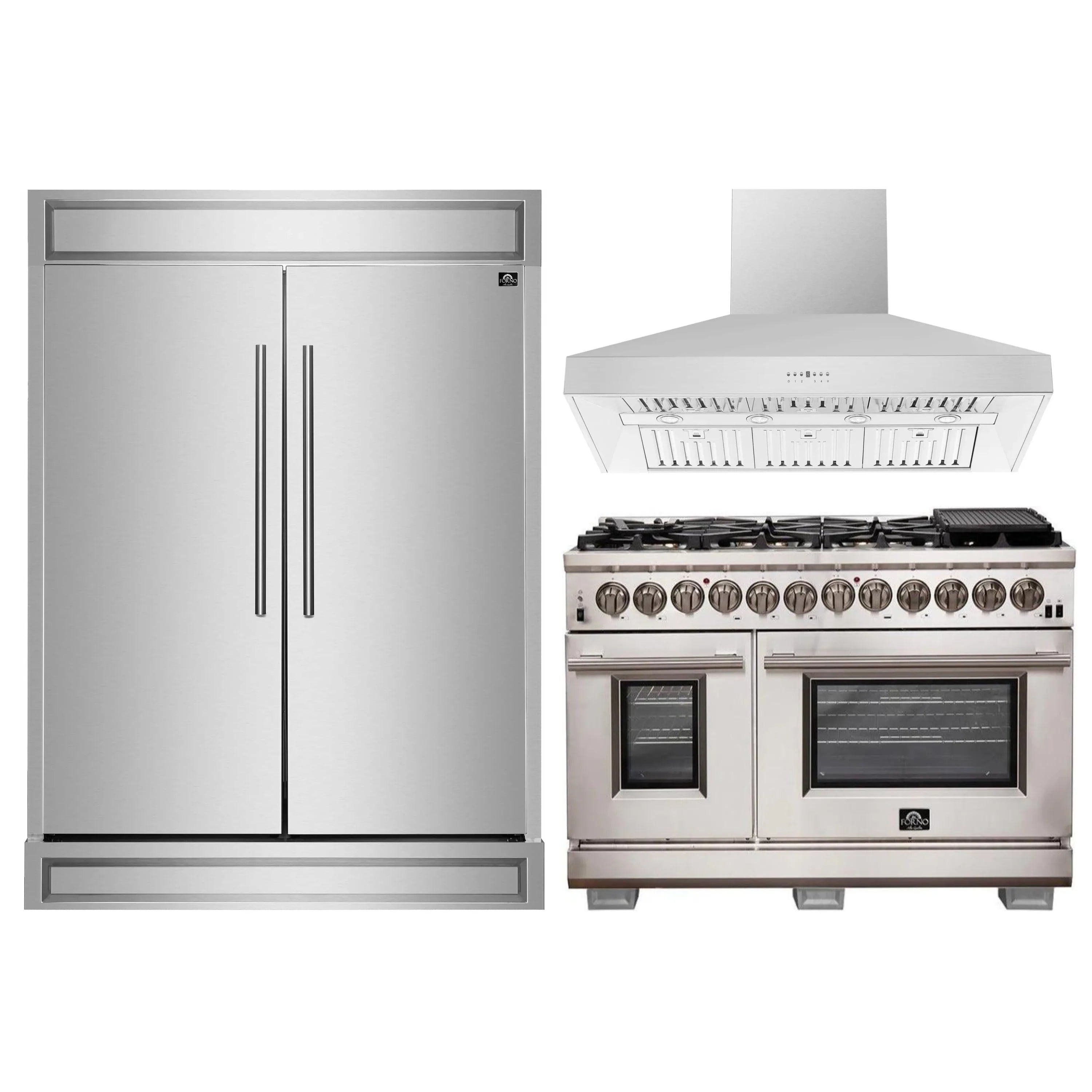 Stainless steel refrigerator with dual fuel range and wall-mount hood