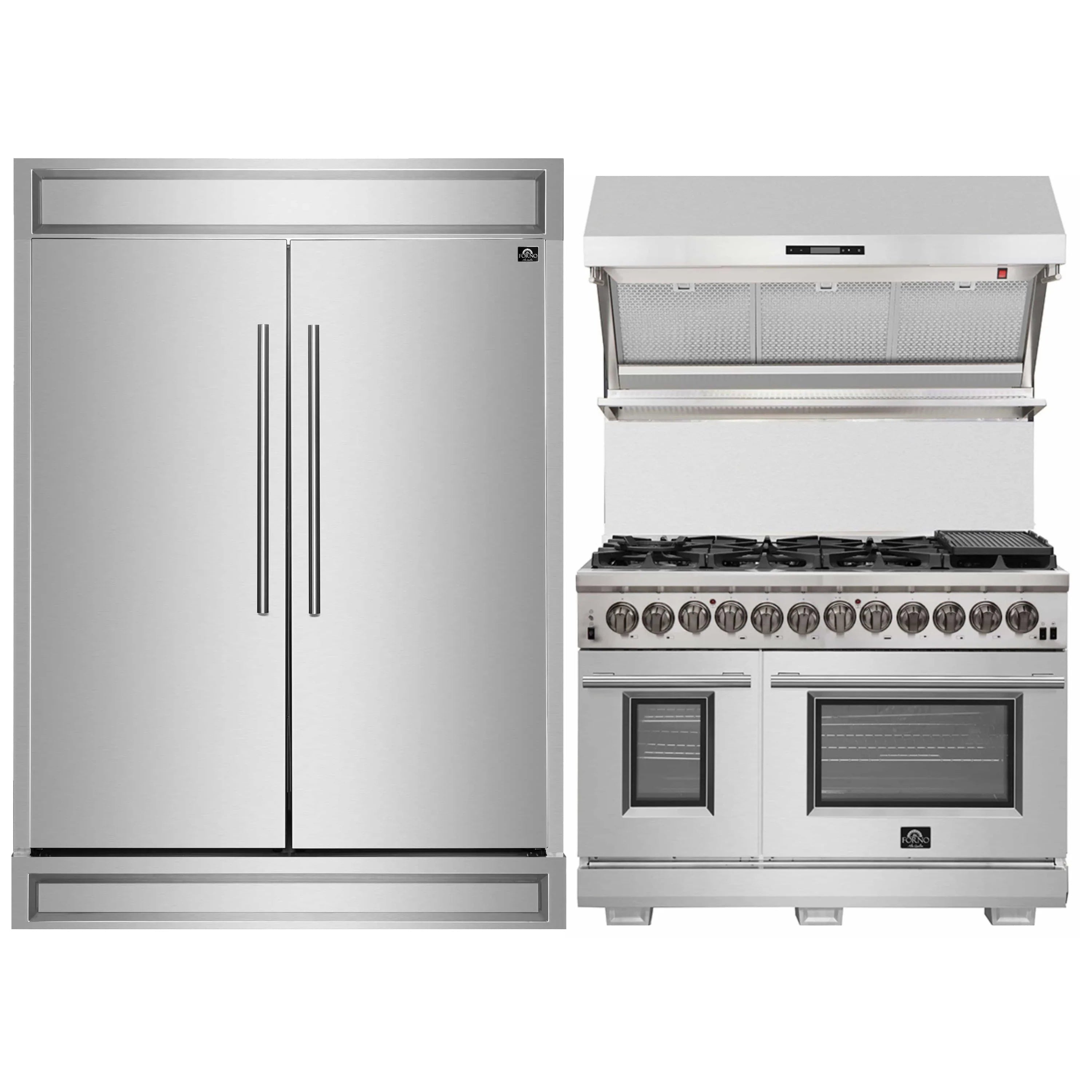 Stainless steel refrigerator and dual-fuel range with hood; black grates and control knobs