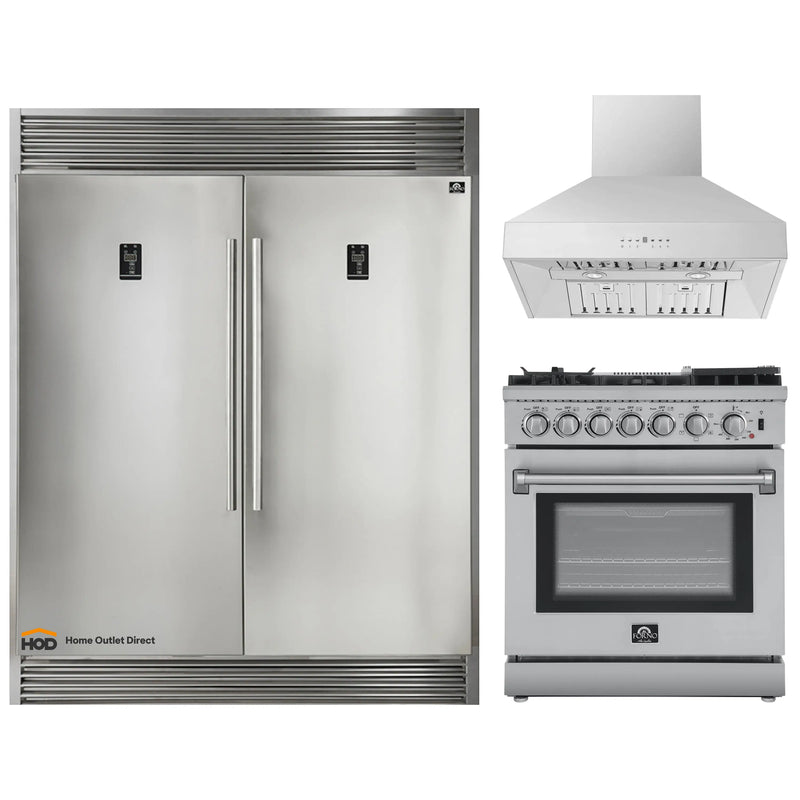 Forno 3-Piece Appliance Package - 30-Inch Dual Fuel Range with Air Fryer, 60-Inch Pro-Style Refrigerator & Wall Mount Hood in Stainless Steel