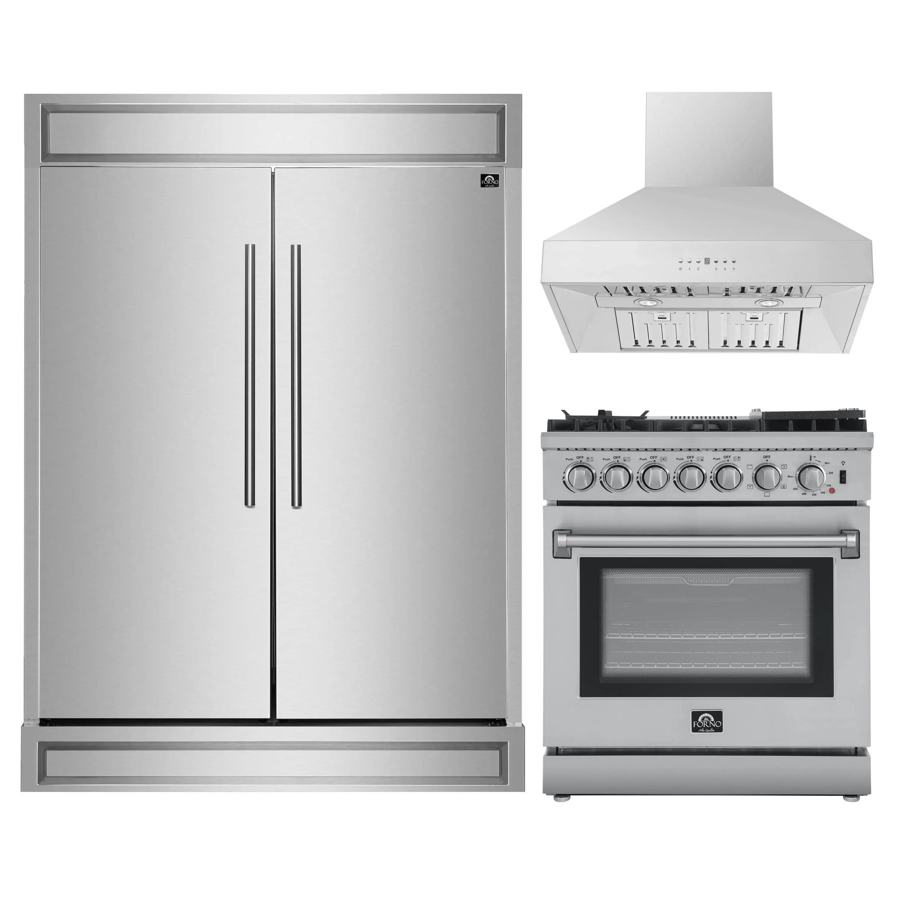 Stainless steel refrigerator, gas range with hood, and dual-door exterior front view