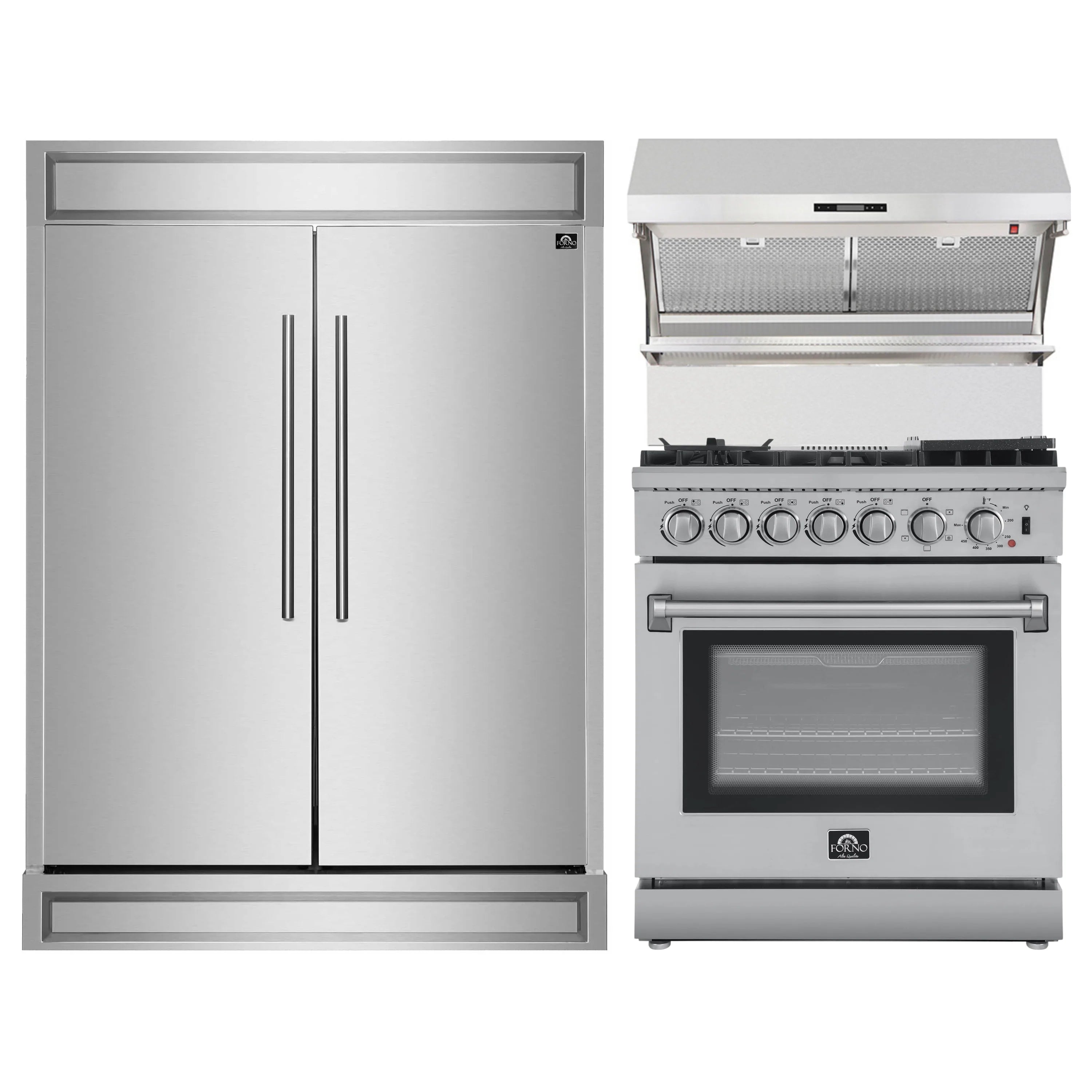 Stainless steel refrigerator with double doors next to a pro-style dual fuel range