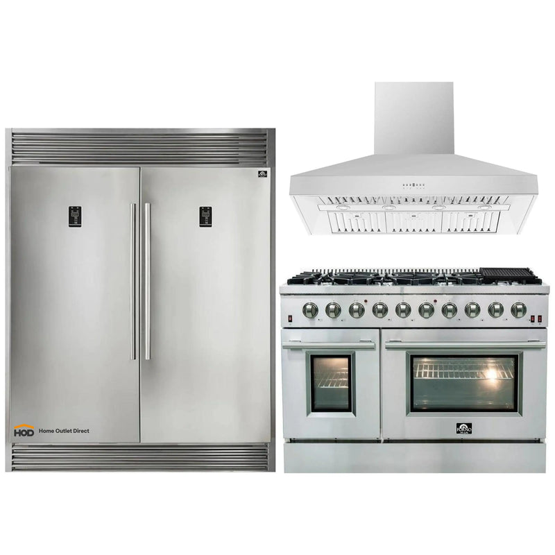 Forno 3-Piece Appliance Package - 48-Inch Gas Range, 60-Inch Pro-Style Refrigerator & Wall Mount Hood in Stainless Steel