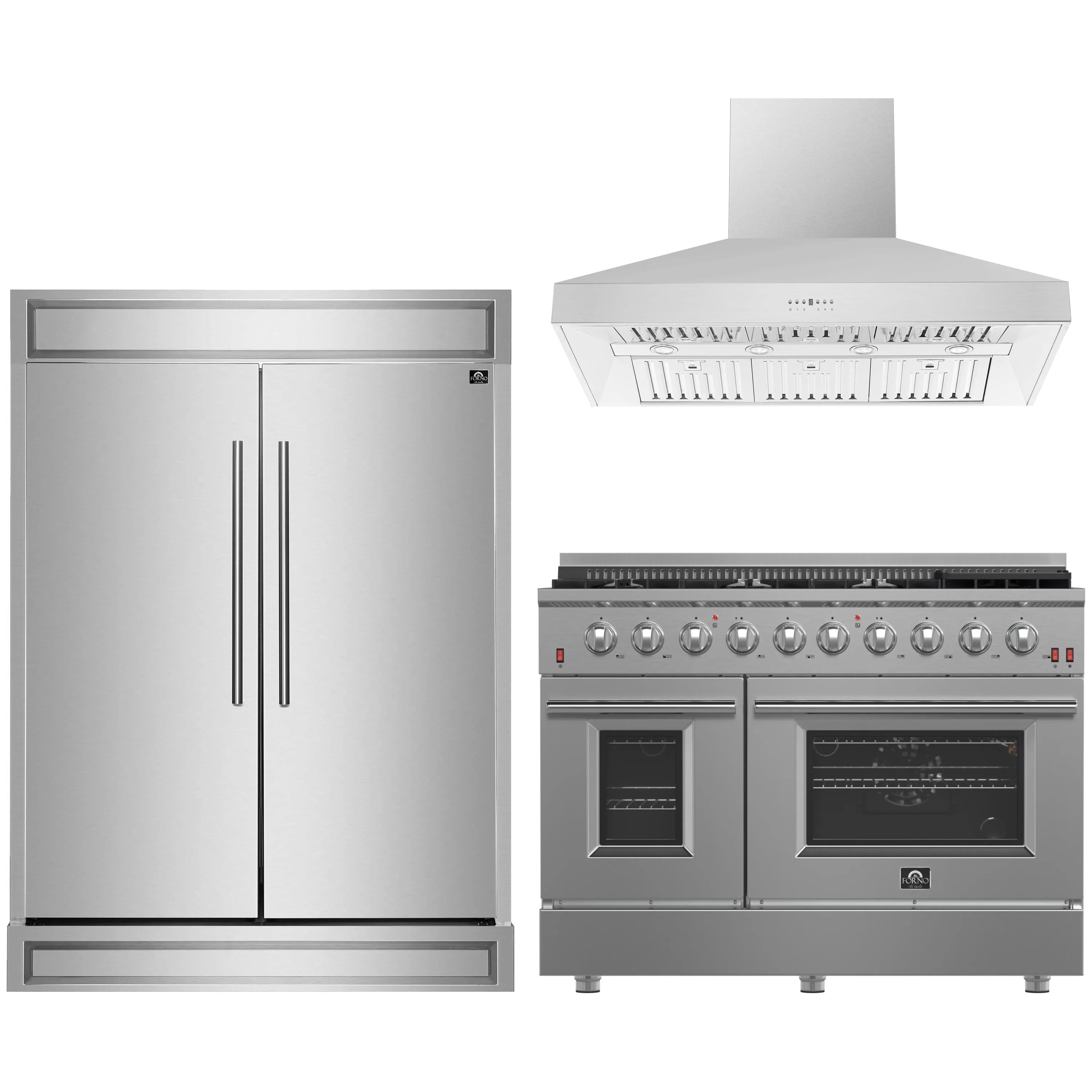 Stainless steel 3-piece appliance package: refrigerator, gas range, wall hood