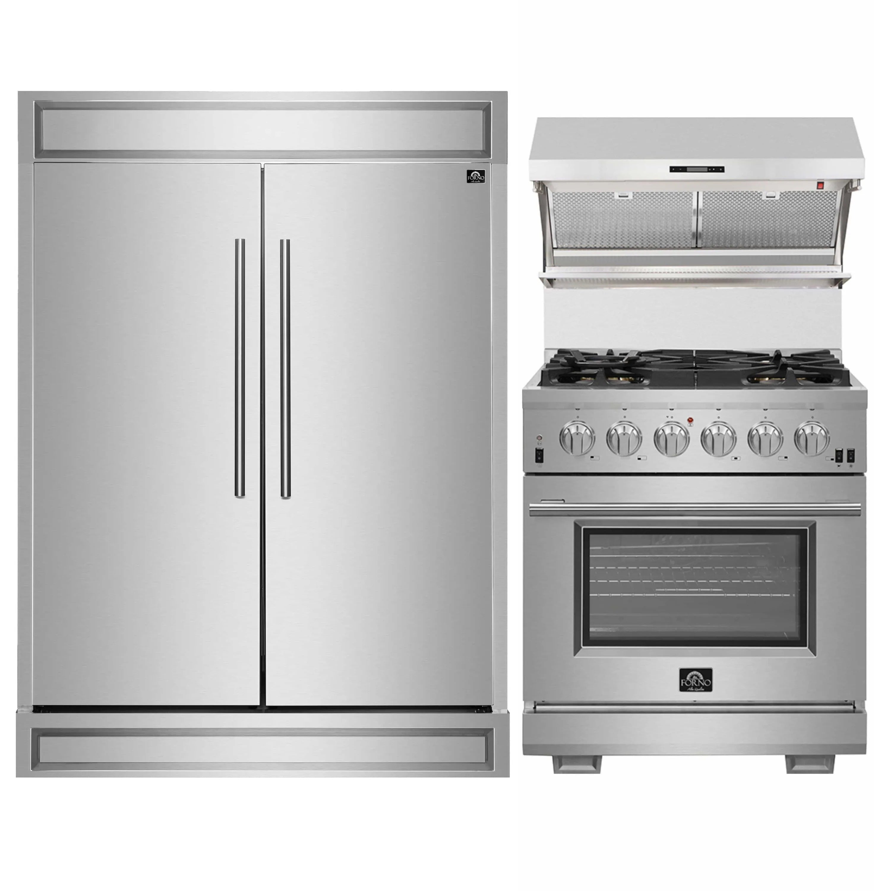 Stainless steel refrigerator and gas range side-by-side with control knobs and oven door