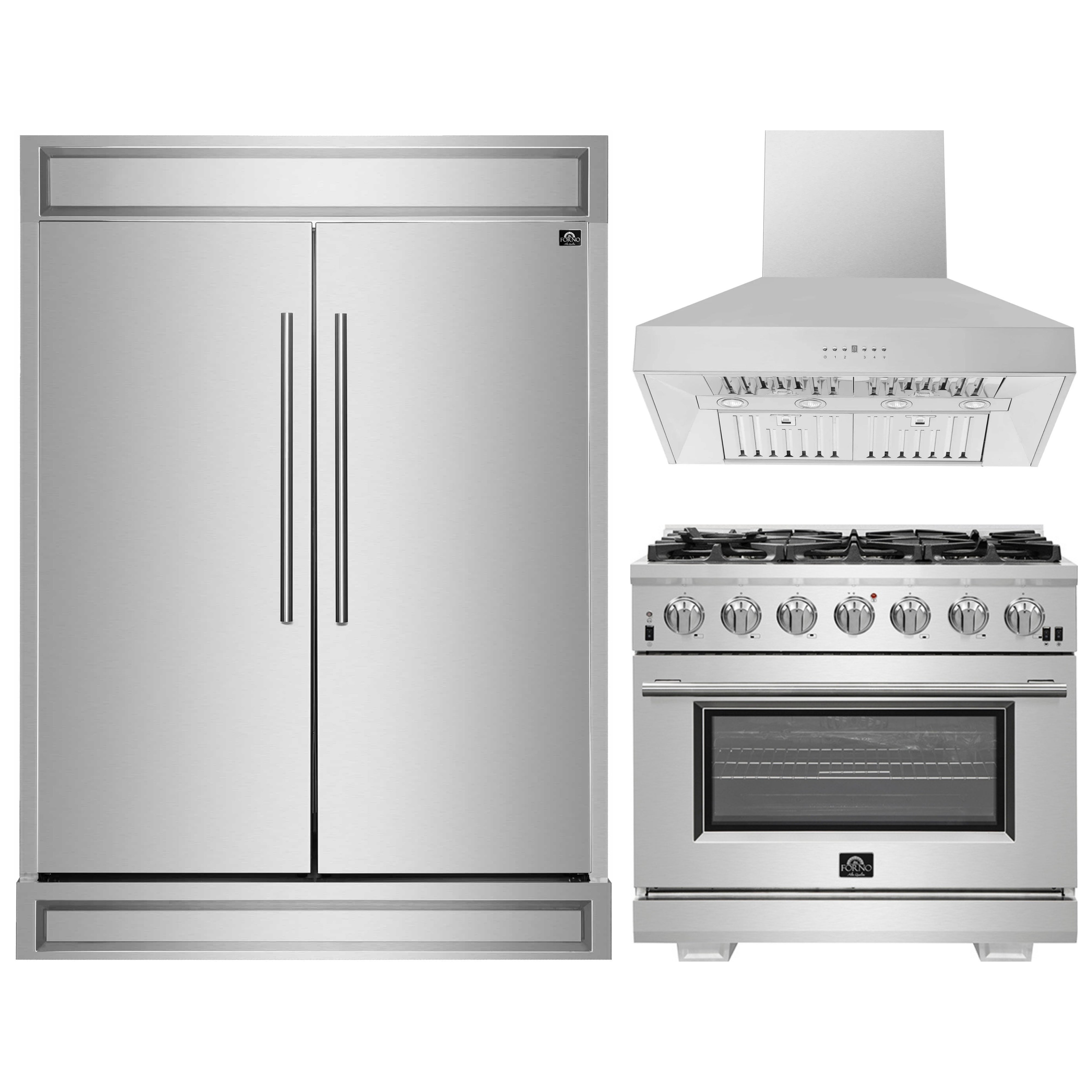 Stainless steel refrigerator, gas range, and wall mount hood appliance set