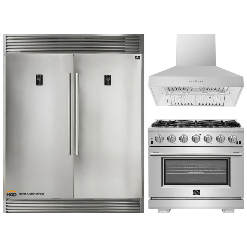 Forno 3-Piece Pro Appliance Package -36-Inch Gas Range, 60-Inch Pro-Style Refrigerator & Wall Mount Hood in Stainless Steel