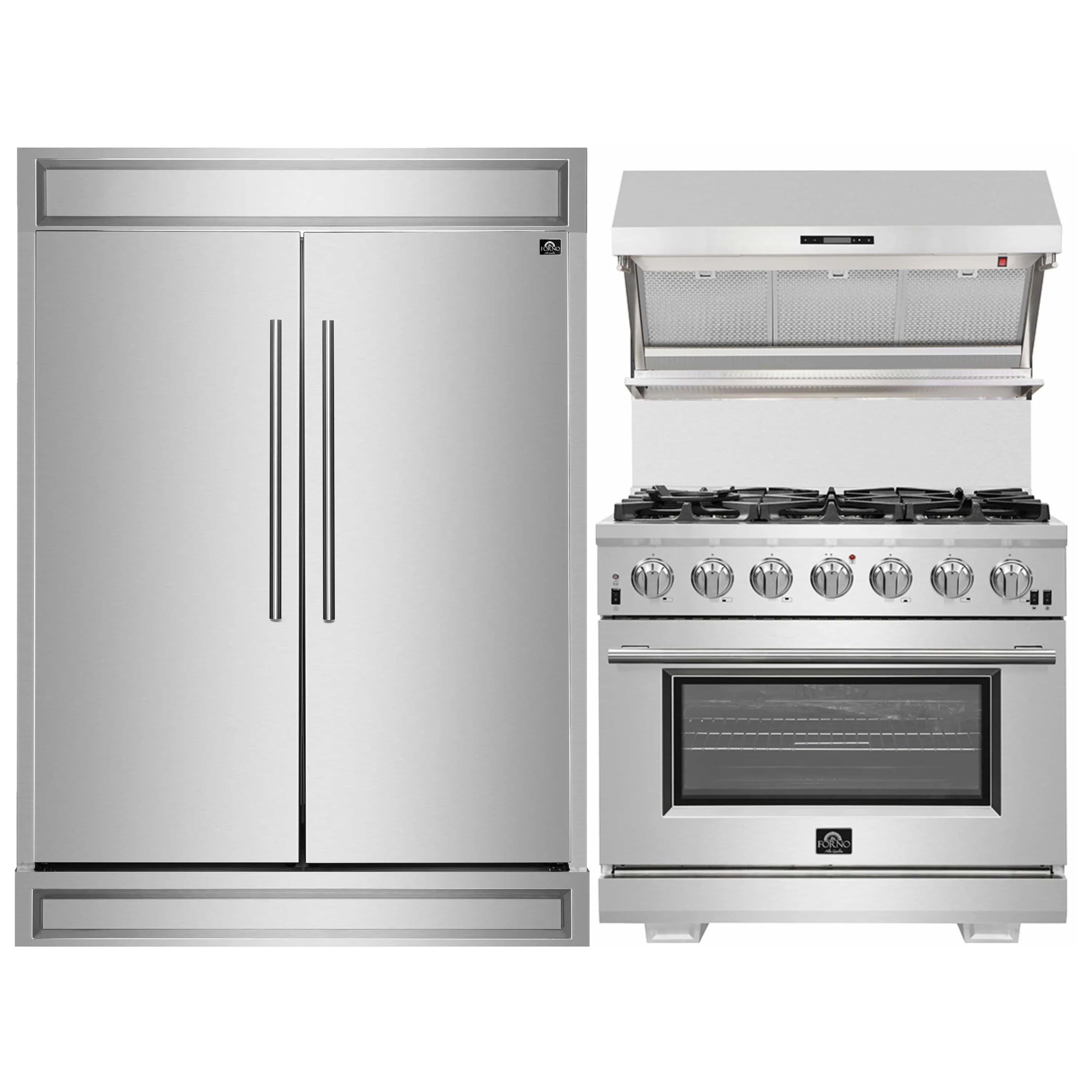 Stainless steel refrigerator and gas range with wall hood and backsplash