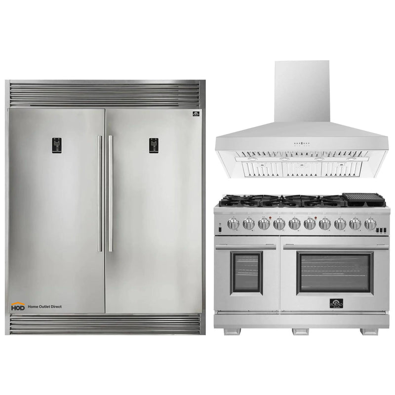 Forno 3-Piece Pro Appliance Package - 48-Inch Gas Range, 60-Inch Pro-Style Refrigerator & Wall Mount Hood in Stainless Steel