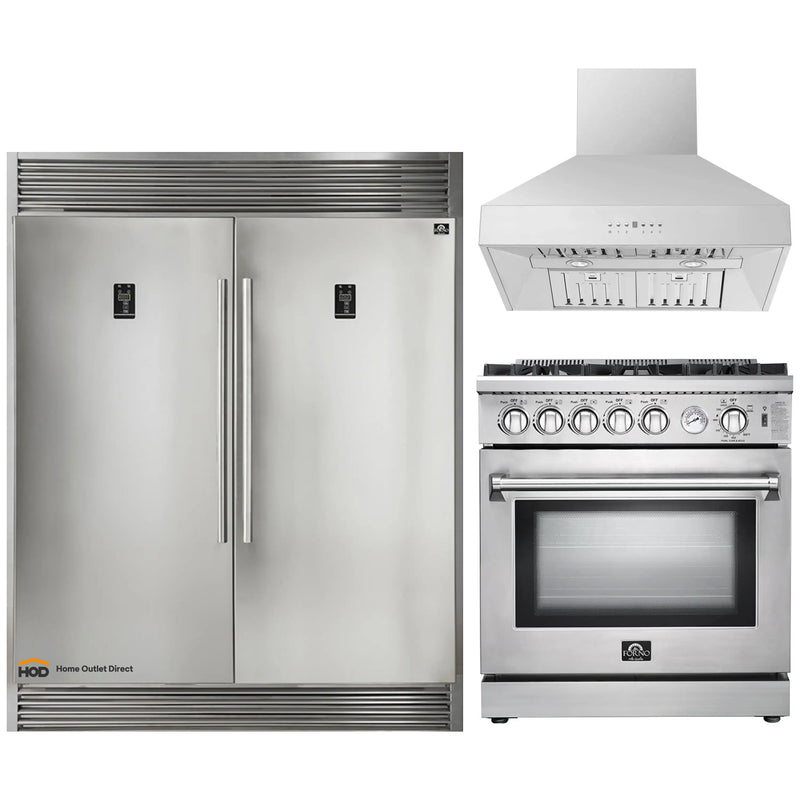 Forno 3-Piece Appliance Package - 30-Inch Gas Range, 60-Inch Pro-Style Refrigerator & Wall Mount Hood in Stainless Steel