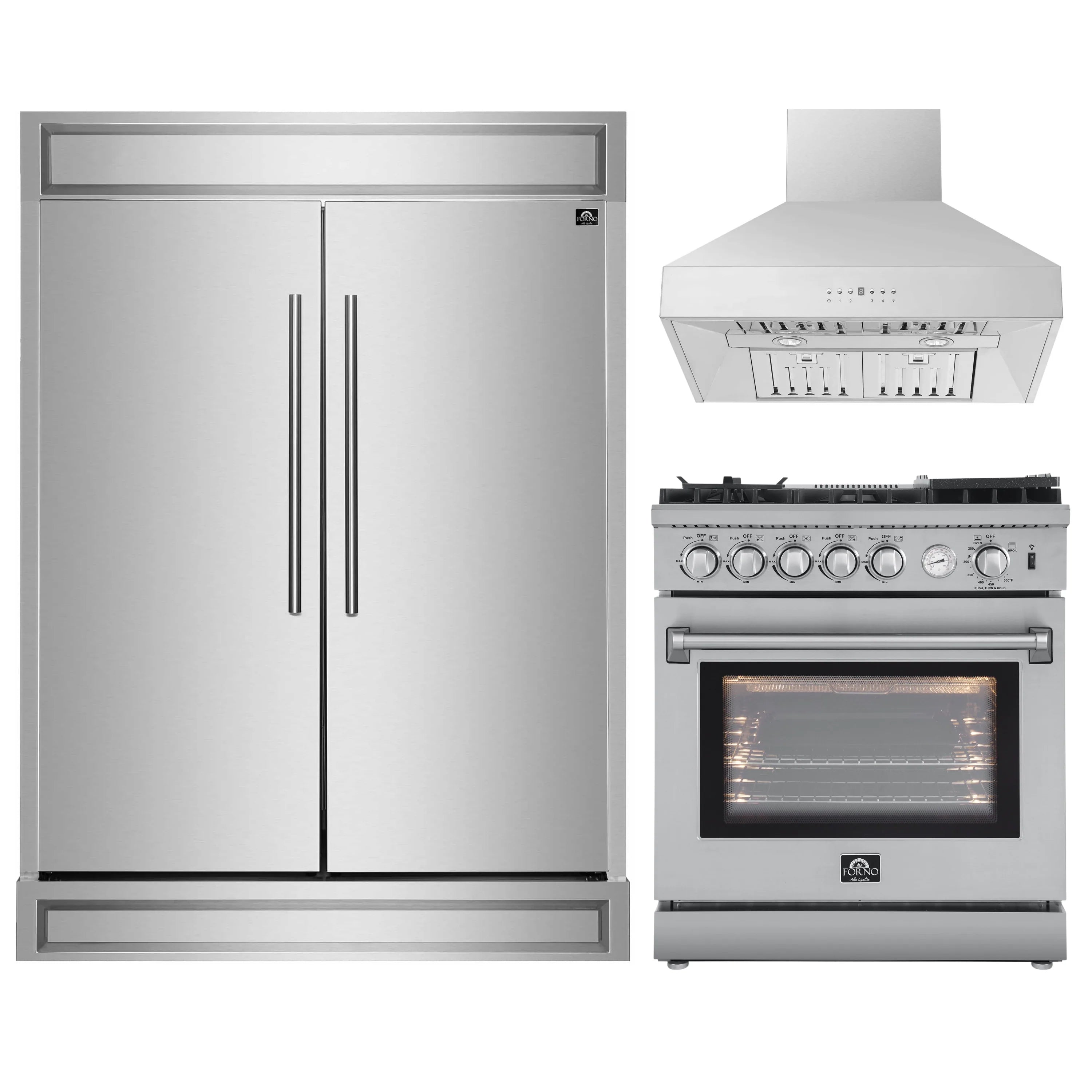 Stainless steel appliance package: refrigerator doors, gas range, and wall hood.