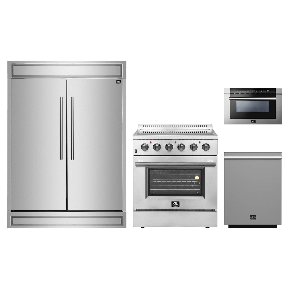 Forno 4-Piece Appliance Package - 30-Inch Electric Range, Pro-Style Refrigerator, Dishwasher, and 24-Inch Microwave Drawer in Stainless Steel