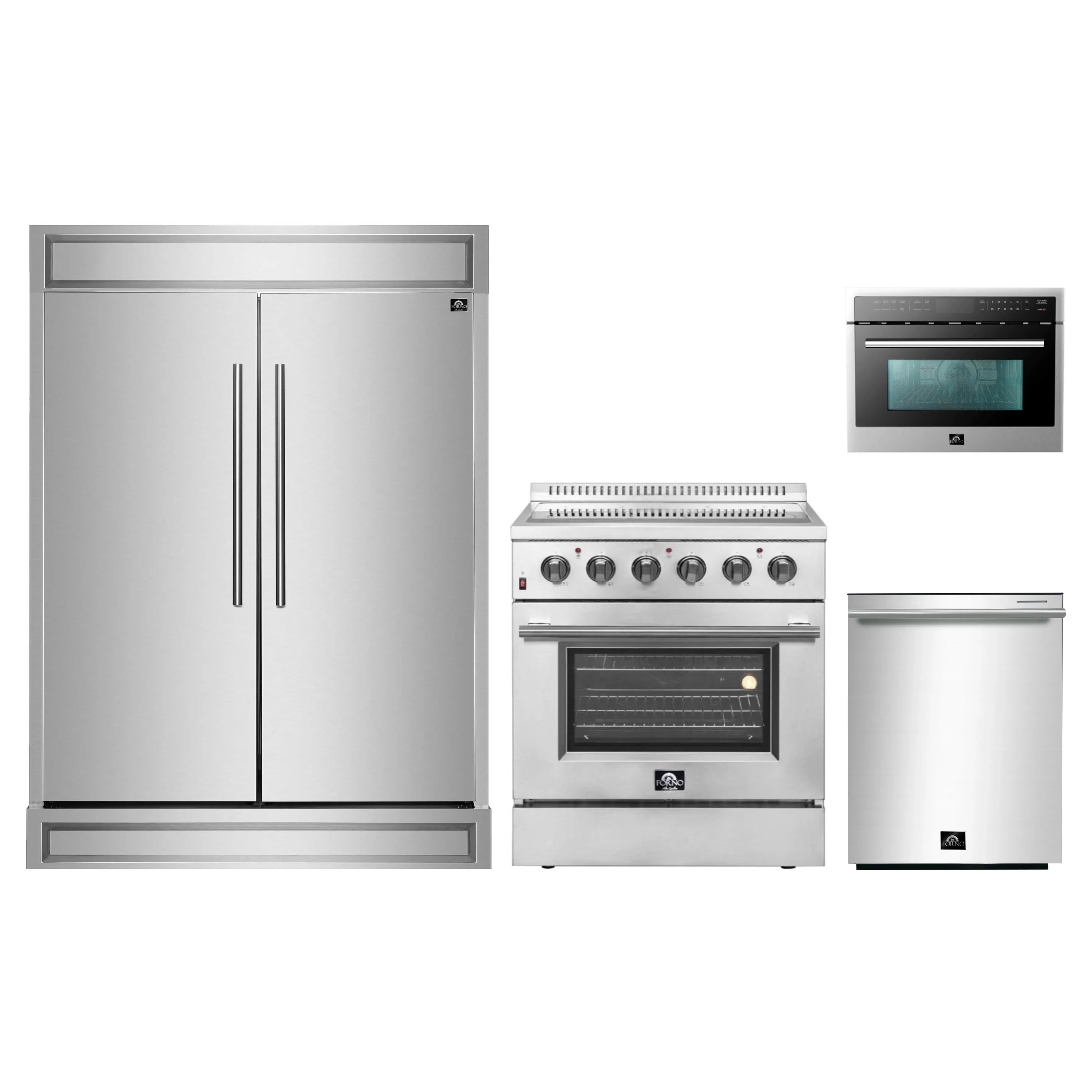 Forno 4-piece appliance package in stainless: refrigerator, range, dishwasher, microwave