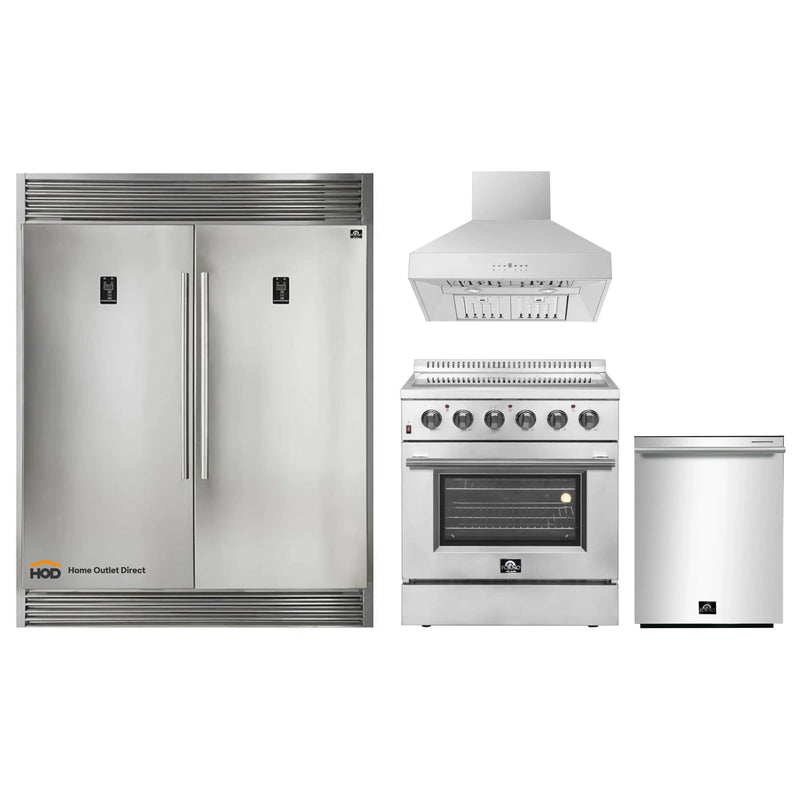Forno 4-Piece Appliance Package - 30-Inch Electric Range, Wall Mount Range Hood, Pro-Style Refrigerator, and Dishwasher in Stainless Steel