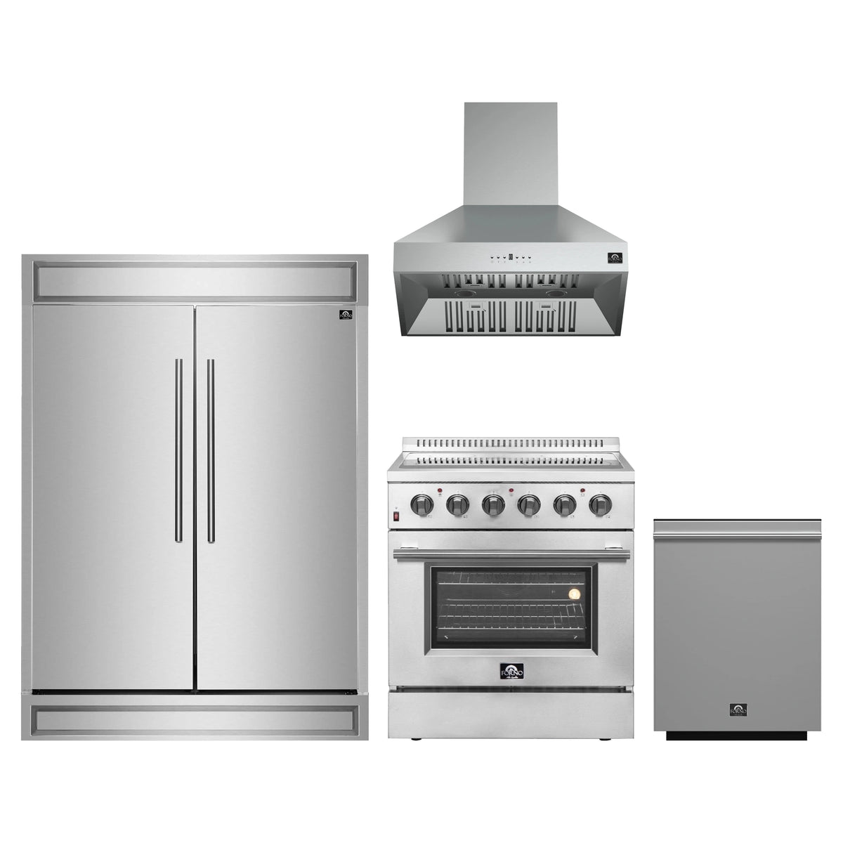 Forno 4-Piece Appliance Package - 30-Inch Electric Range, Wall Mount Range Hood, Pro-Style Refrigerator, and Dishwasher in Stainless Steel