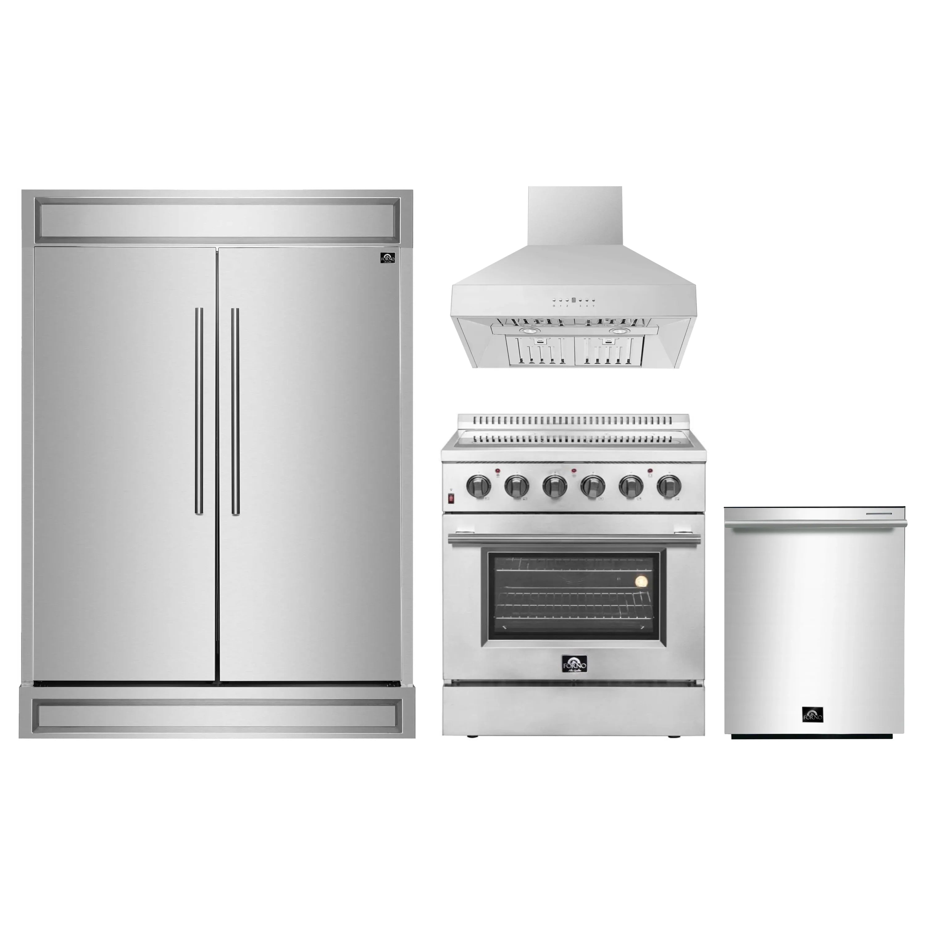 Stainless steel 4-piece appliance set, including dishwasher on right side