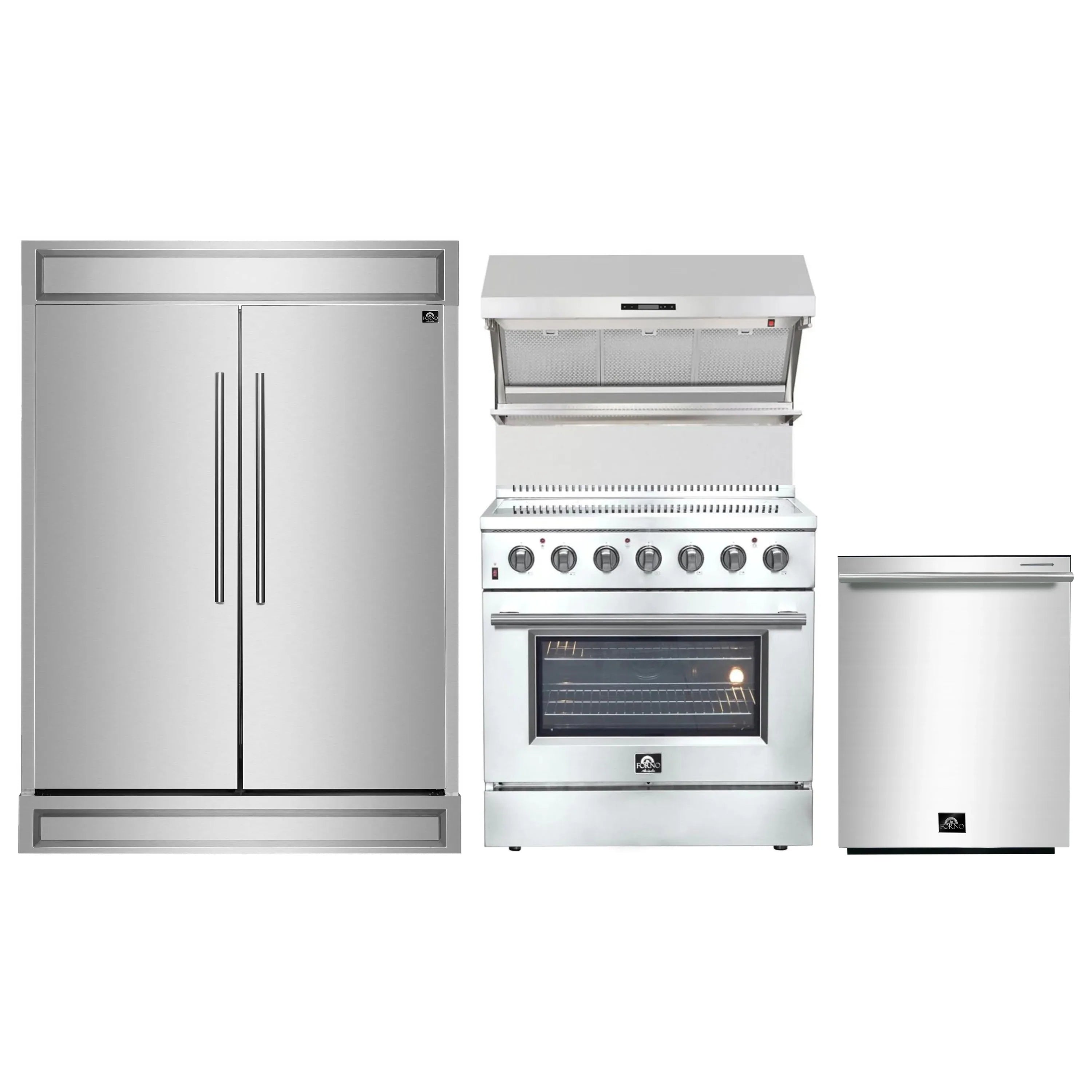 Stainless steel appliance set with refrigerator, range, hood, and dishwasher