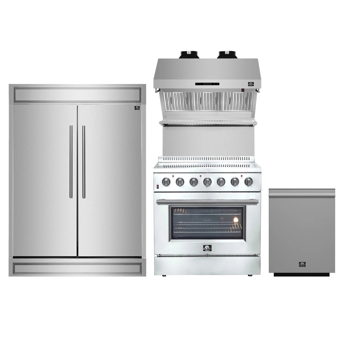 Forno 4-Piece Appliance Package - 36-Inch Electric Range, Wall Mount Range Hood with Backsplash, Pro-Style Refrigerator, and Dishwasher in Stainless Steel