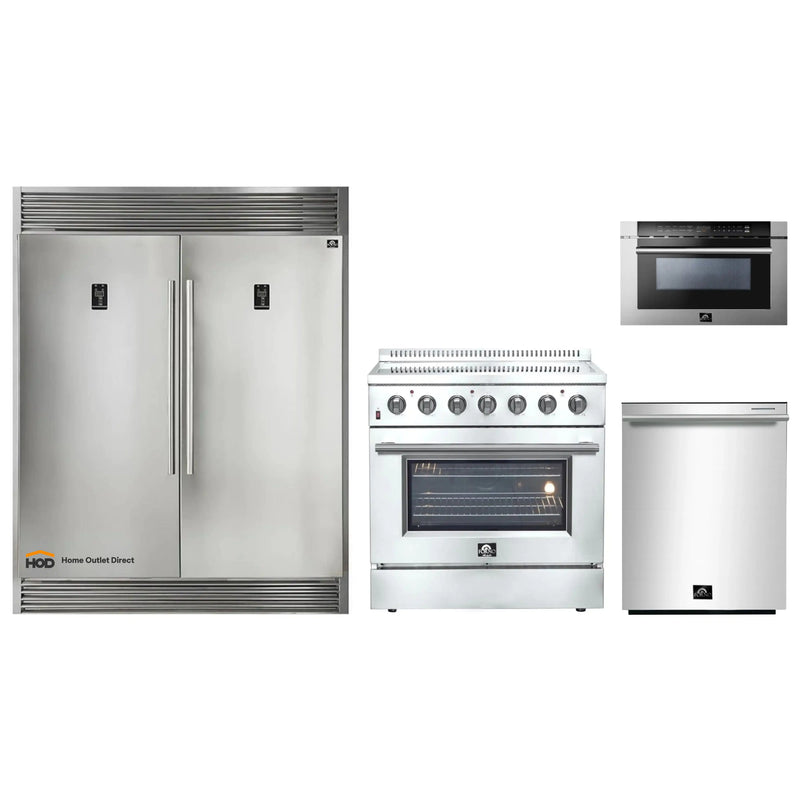 Forno 4-Piece Appliance Package - 36-Inch Electric Range, Pro-Style Refrigerator, Dishwasher, and Microwave Drawer in Stainless Steel
