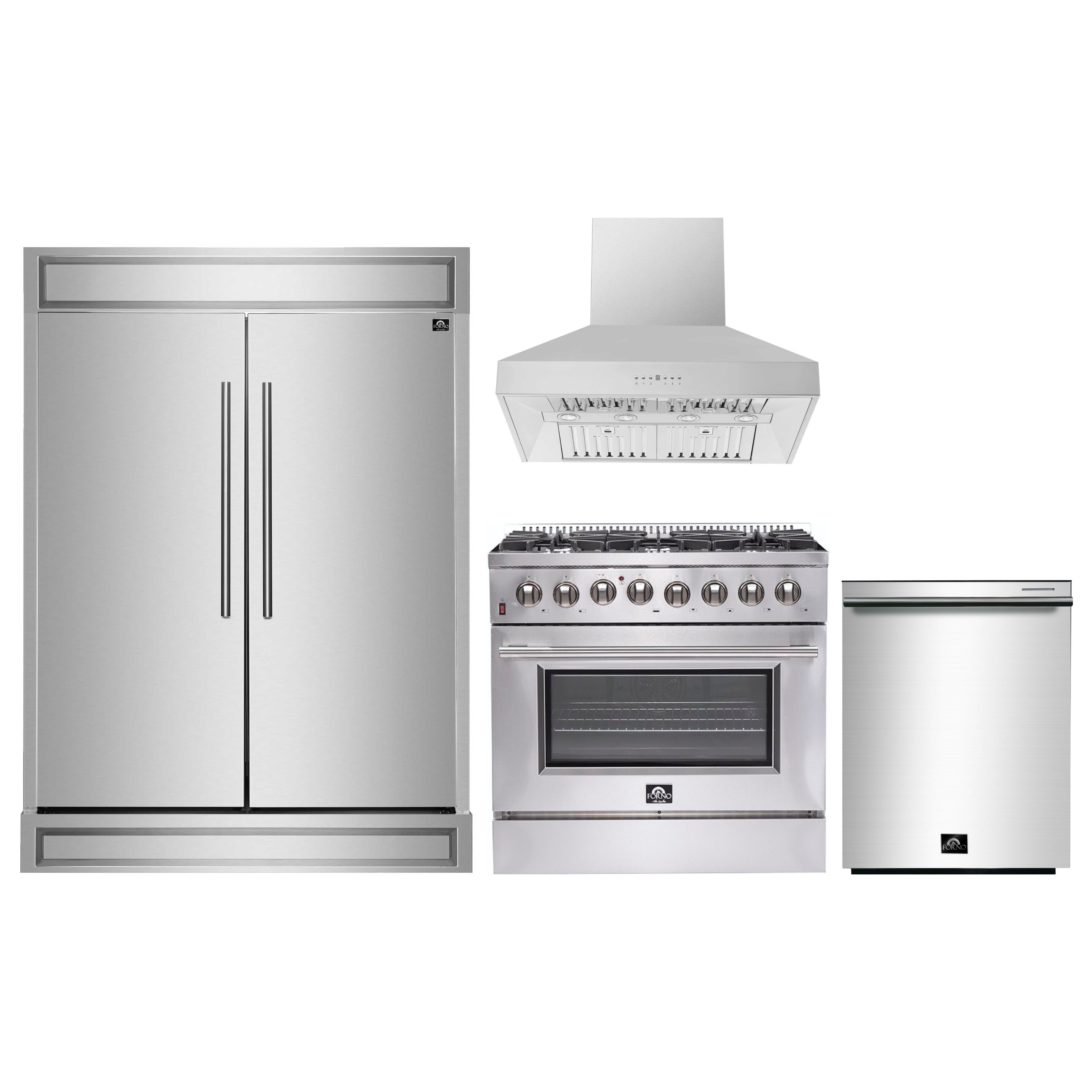 Stainless steel appliance package: refrigerator, dual fuel range, wall hood, dishwasher