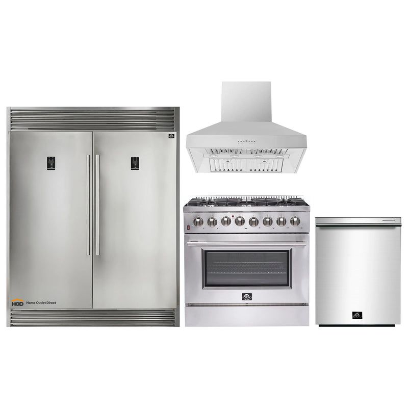 Forno 4-Piece Appliance Package - 36-Inch Dual Fuel Range, 56-Inch Pro-Style Refrigerator, Wall Mount Hood, & 3-Rack Dishwasher in Stainless Steel