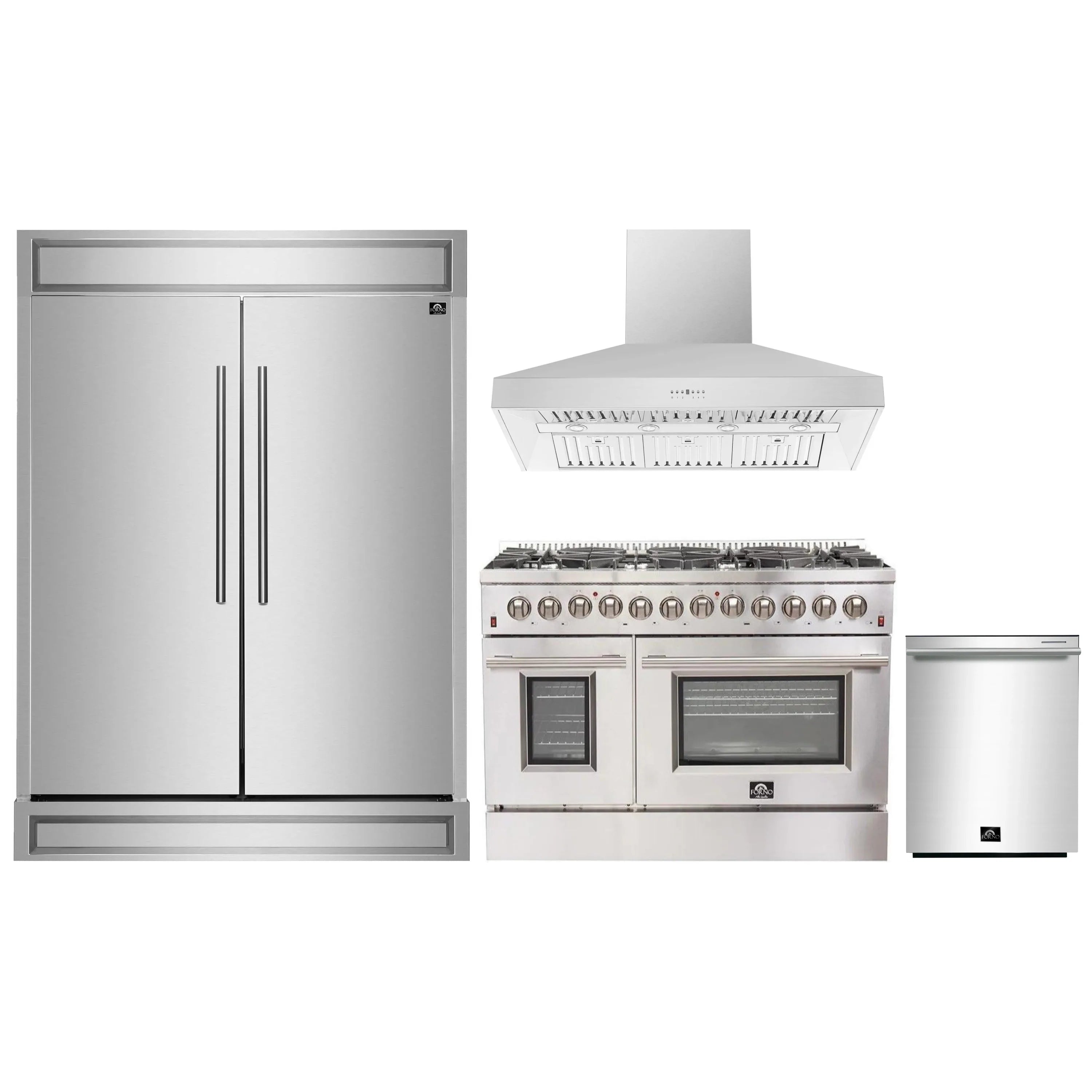 Stainless steel appliance set with refrigerator, dual-fuel range, wall hood, and dishwasher