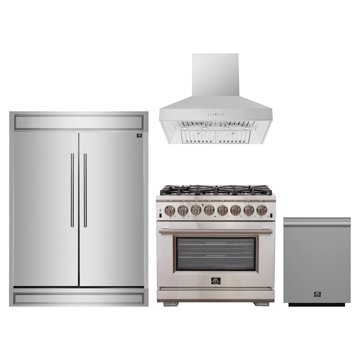 Forno 4-Piece Pro Appliance Package - 36-Inch Dual Fuel Range, 60-Inch Pro-Style Refrigerator, Wall Mount Hood, & 3-Rack Dishwasher in Stainless Steel