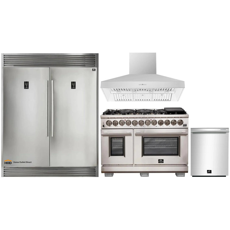 Forno 4-Piece Pro Appliance Package - 48-Inch Dual Fuel Range, 60-Inch Pro-Style Refrigerator, Wall Mount Hood, & 3-Rack Dishwasher in Stainless Steel