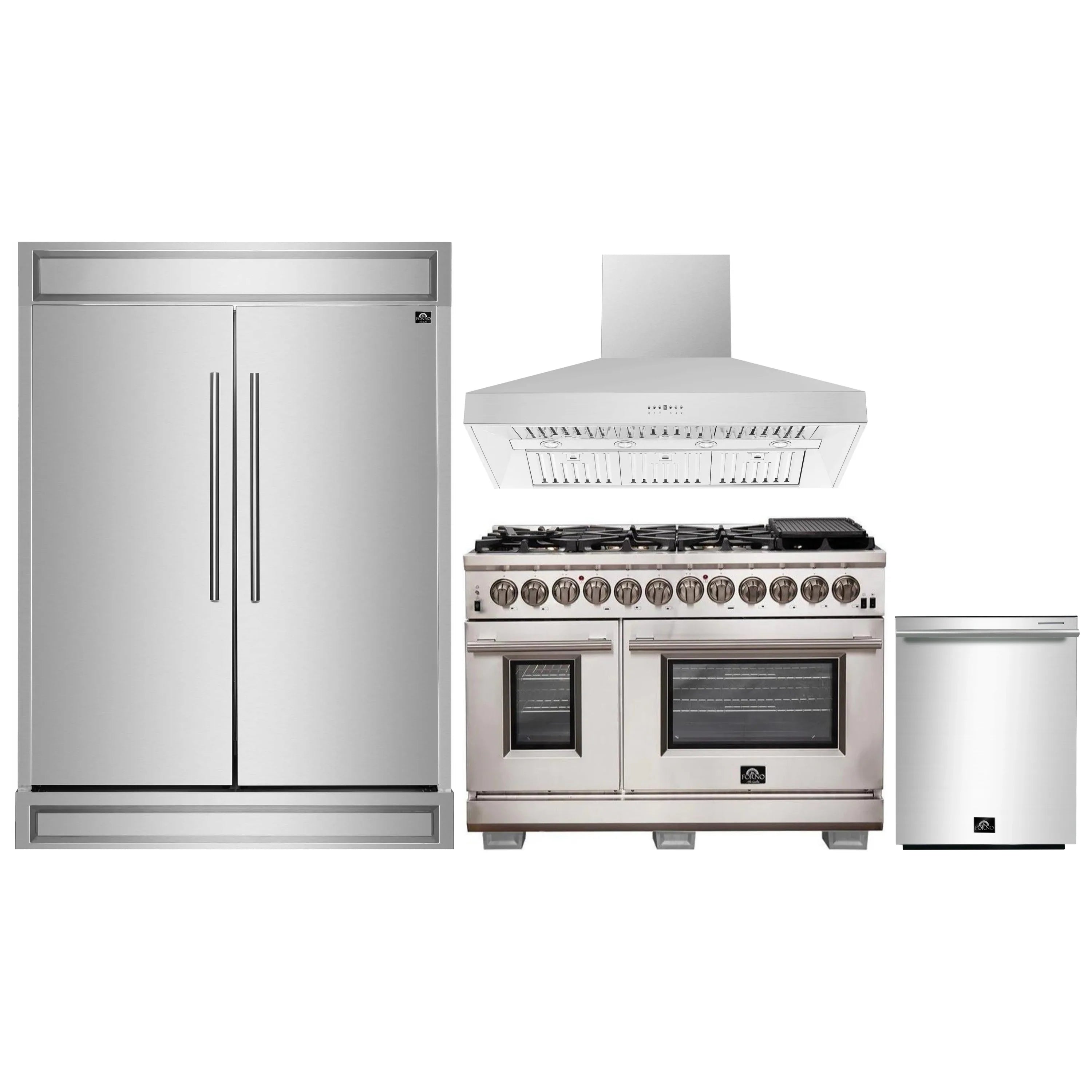 Stainless steel appliance package: refrigerator, dual fuel range, wall hood, dishwasher
