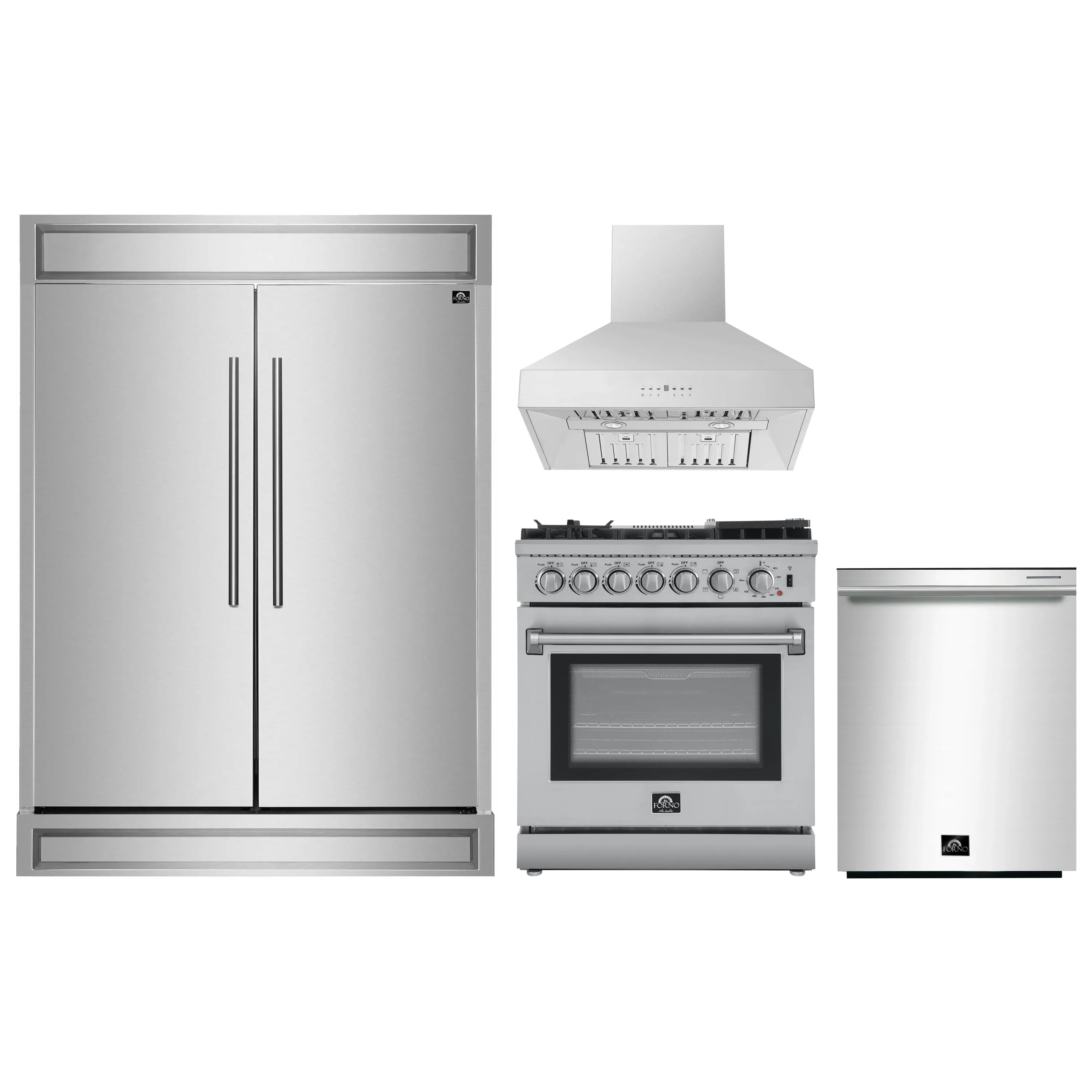 4-piece stainless steel appliance package: refrigerator, dual fuel range, wall hood, dishwasher