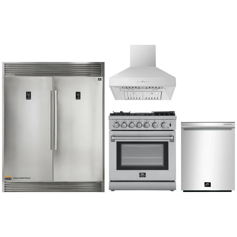 Forno 4-Piece Appliance Package - 30-Inch Dual Fuel Range with Air Fryer, 60-Inch Pro-Style Refrigerator, Wall Mount Hood, & 3-Rack Dishwasher in Stainless Steel