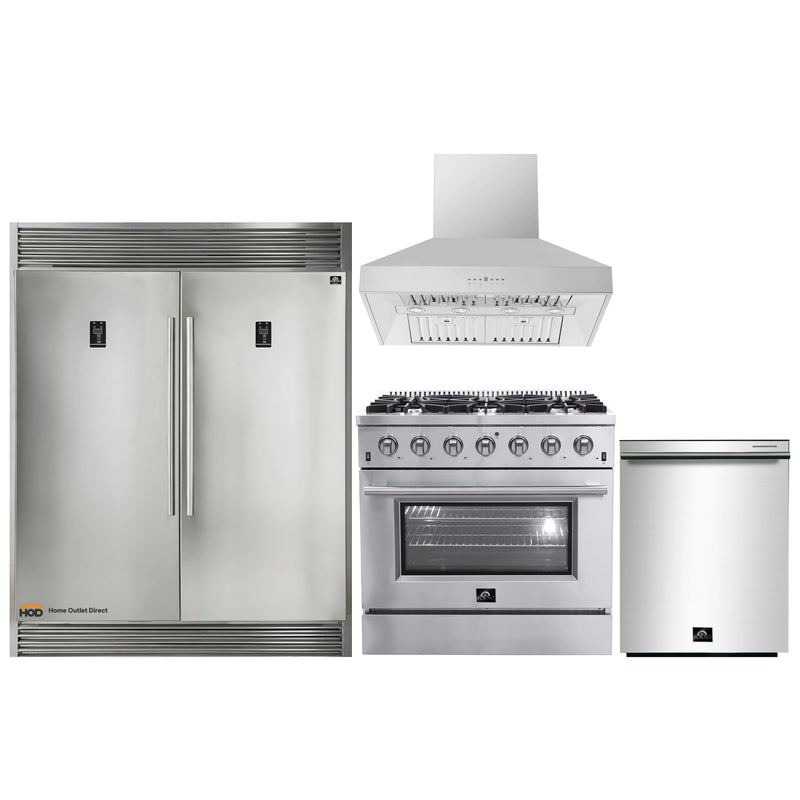 Forno 4-Piece Appliance Package - 36-Inch Gas Range, 60-Inch Pro-Style Refrigerator, Wall Mount Hood, & 3-Rack Dishwasher in Stainless Steel