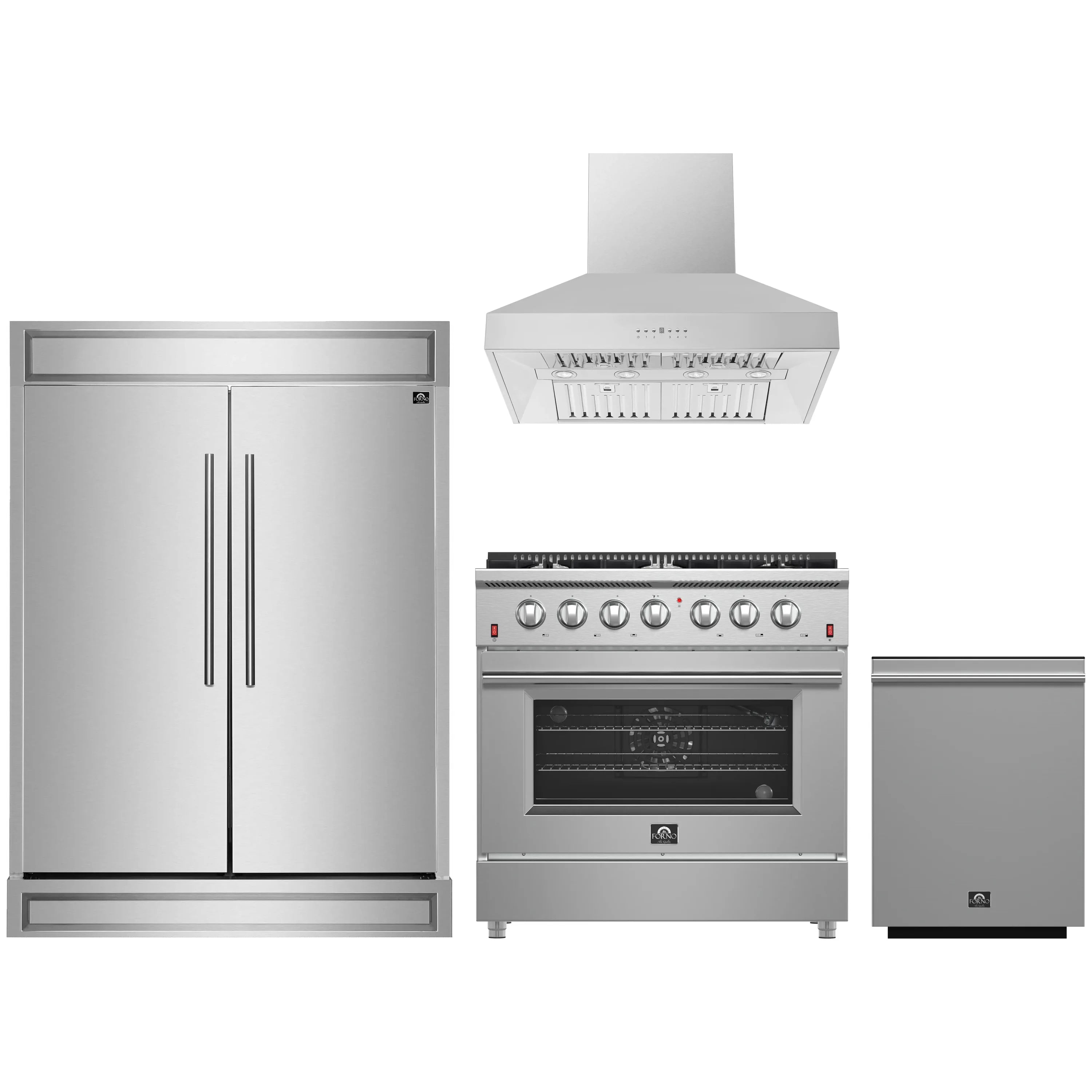 Stainless steel kitchen appliance bundle with refrigerator, gas range, hood, dishwasher