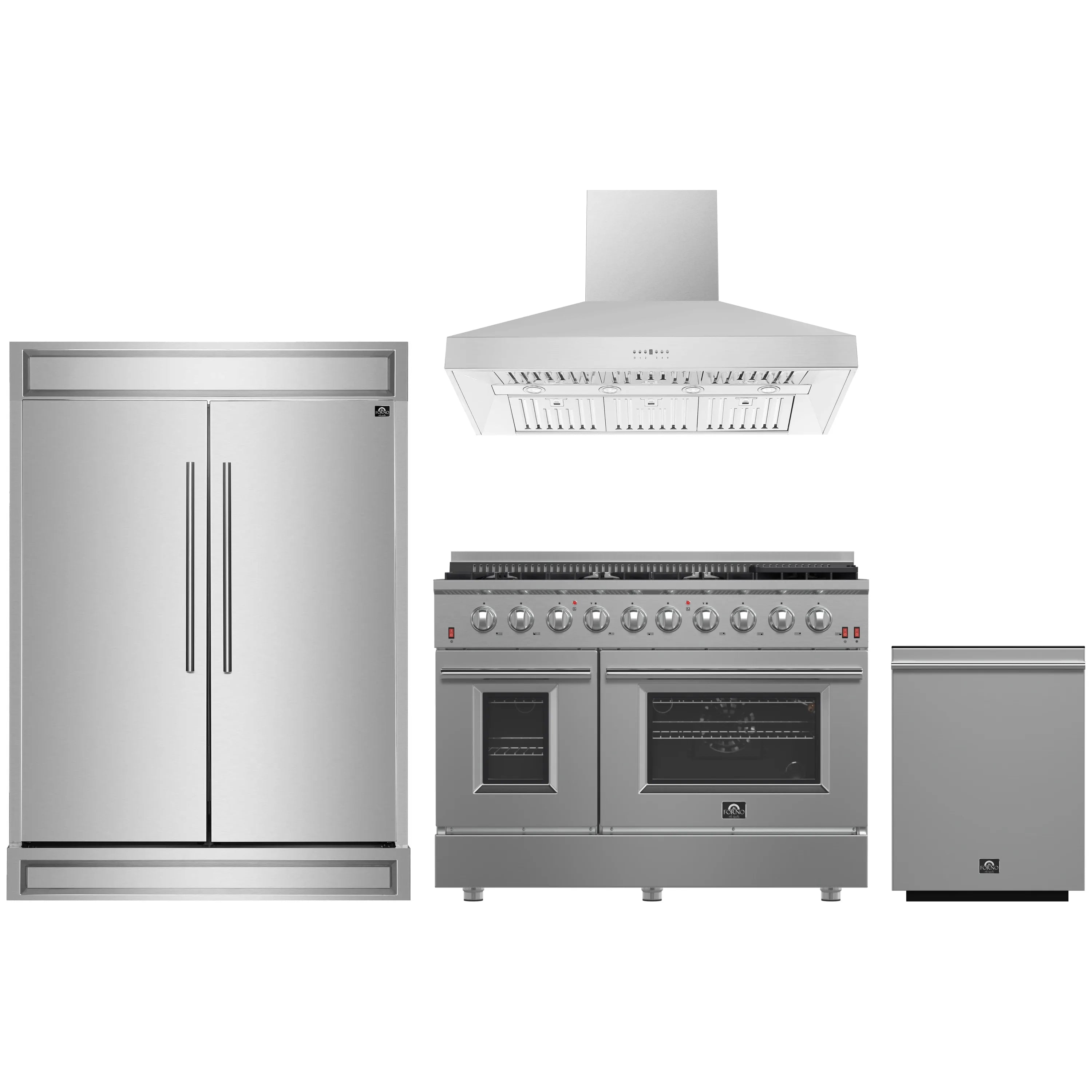 Stainless steel kitchen appliance package: gas range, wall hood, refrigerator, dishwasher.