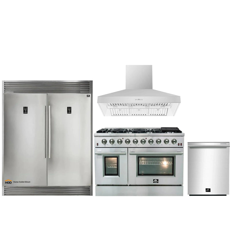 Forno 4-Piece Appliance Package - 48-Inch Gas Range, 60-Inch Pro-Style Refrigerator, Wall Mount Hood, & 3-Rack Dishwasher in Stainless Steel