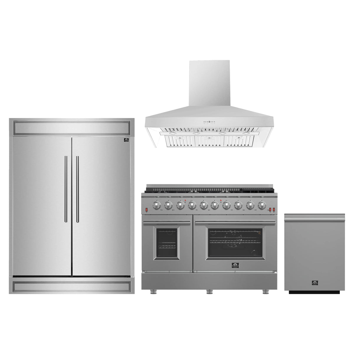Forno 4-Piece Appliance Package - 48-Inch Gas Range, 60-Inch Pro-Style Refrigerator, Wall Mount Hood, & 3-Rack Dishwasher in Stainless Steel