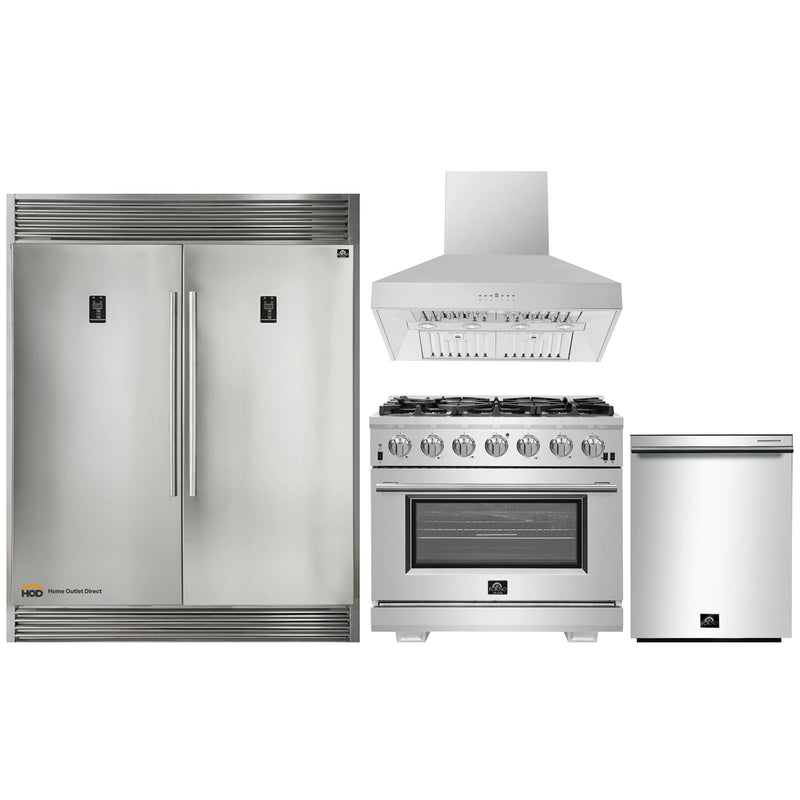Forno 4-Piece Pro Appliance Package - 36-Inch Gas Range, 56-Inch Pro-Style Refrigerator, Wall Mount Hood, & 3-Rack Dishwasher in Stainless Steel