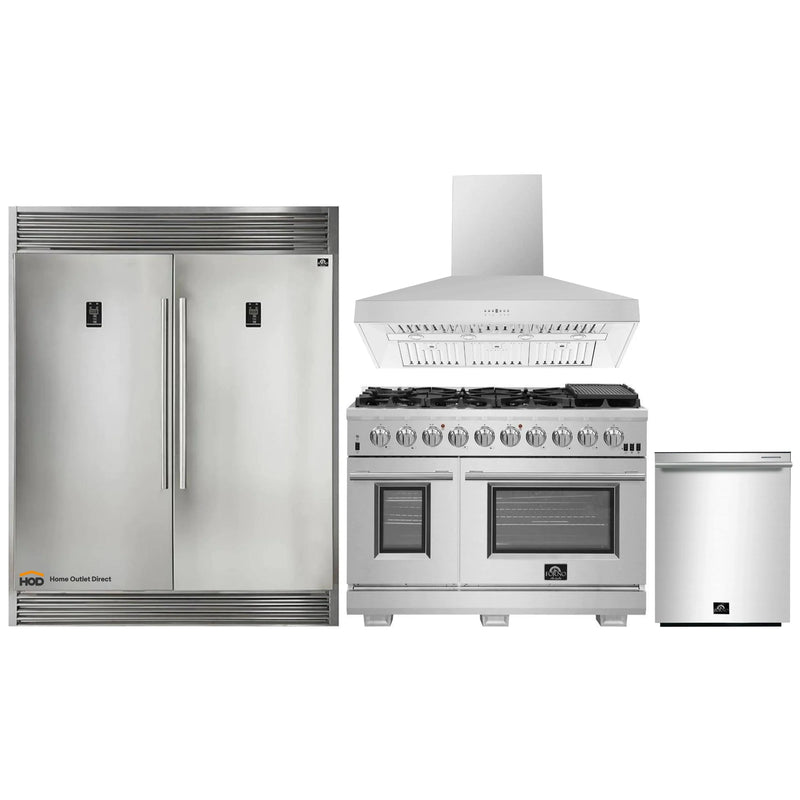 Forno 4-Piece Pro Appliance Package - 48-Inch Gas Range, 60-Inch Pro-Style Refrigerator, Wall Mount Hood, & 3-Rack Dishwasher in Stainless Steel