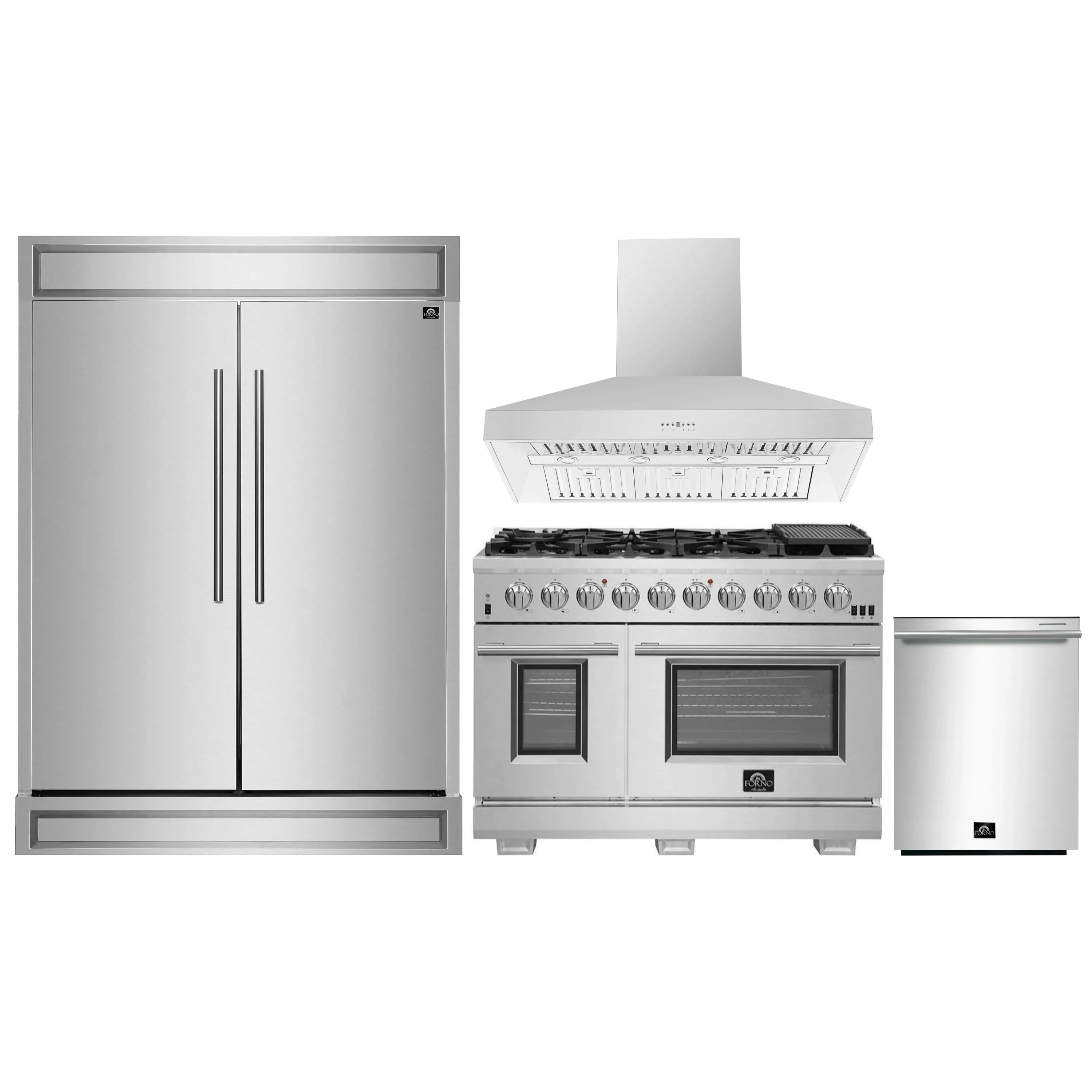 Stainless steel 4-piece appliance package with refrigerator, gas range, wall hood, dishwasher