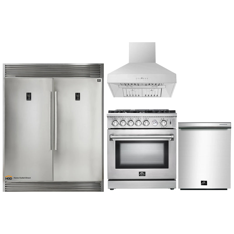 Forno 4-Piece Appliance Package - 30-Inch Gas Range, 60-Inch Pro-Style Refrigerator, Wall Mount Hood, & 3-Rack Dishwasher in Stainless Steel