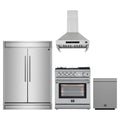 Forno 4-Piece Appliance Package - 30-Inch Gas Range with Air Fryer, 60-Inch Pro-Style Refrigerator, Wall Mount Hood, & 3-Rack Dishwasher in Stainless Steel