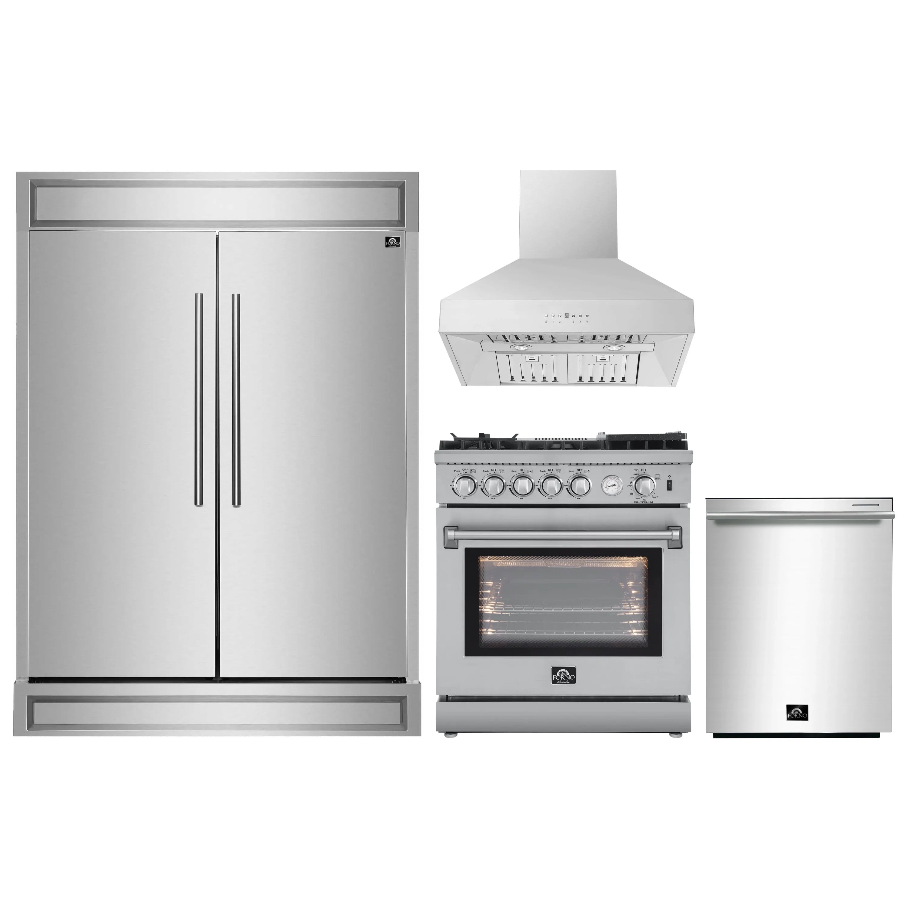 Stainless kitchen appliance package with refrigerator, gas range, hood, and dishwasher