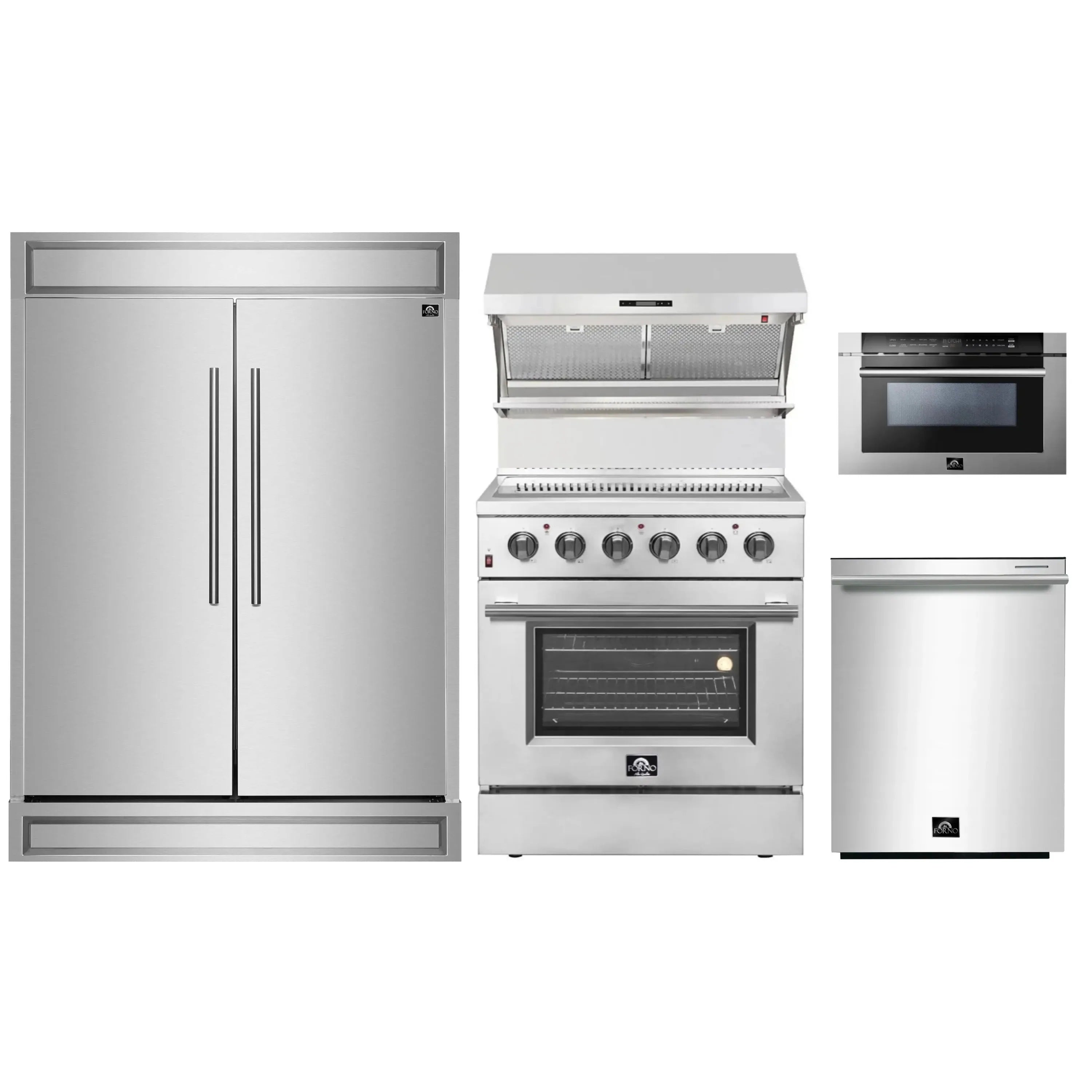 Stainless steel appliance package set: refrigerator, range, hood, microwave, and dishwasher