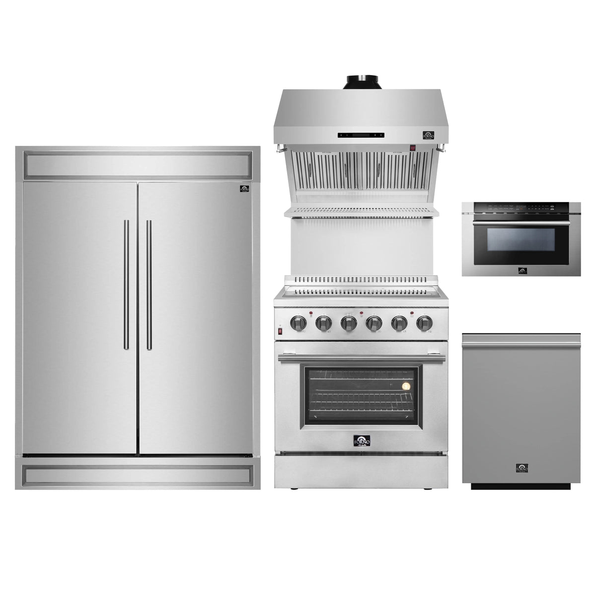 Forno 5-Piece Appliance Package - 30-Inch Electric Range, Wall Mount Range Hood with Backsplash, Pro-Style Refrigerator, Dishwasher, and 24-Inch Microwave Drawer in Stainless Steel