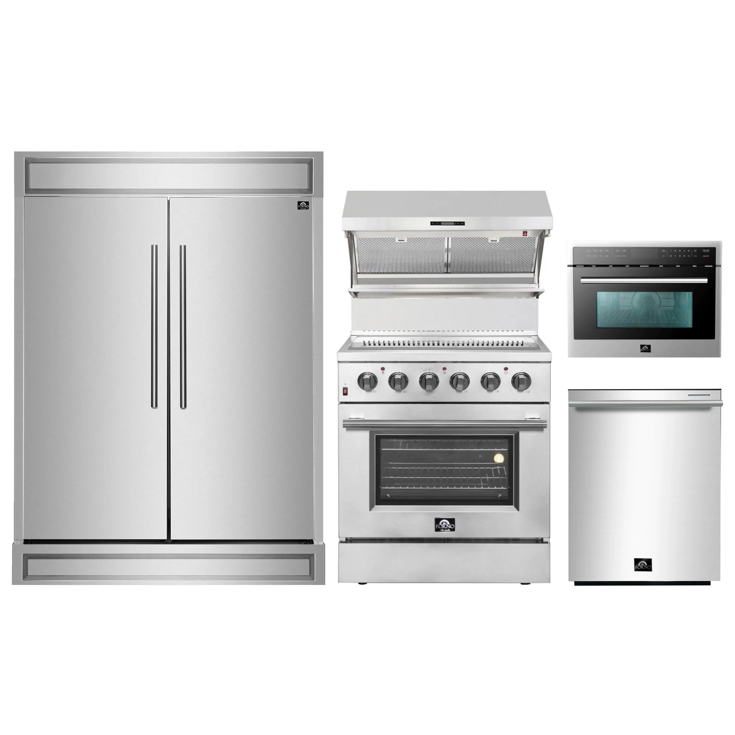 Stainless steel kitchen appliance set: refrigerator, range, oven, and microwave