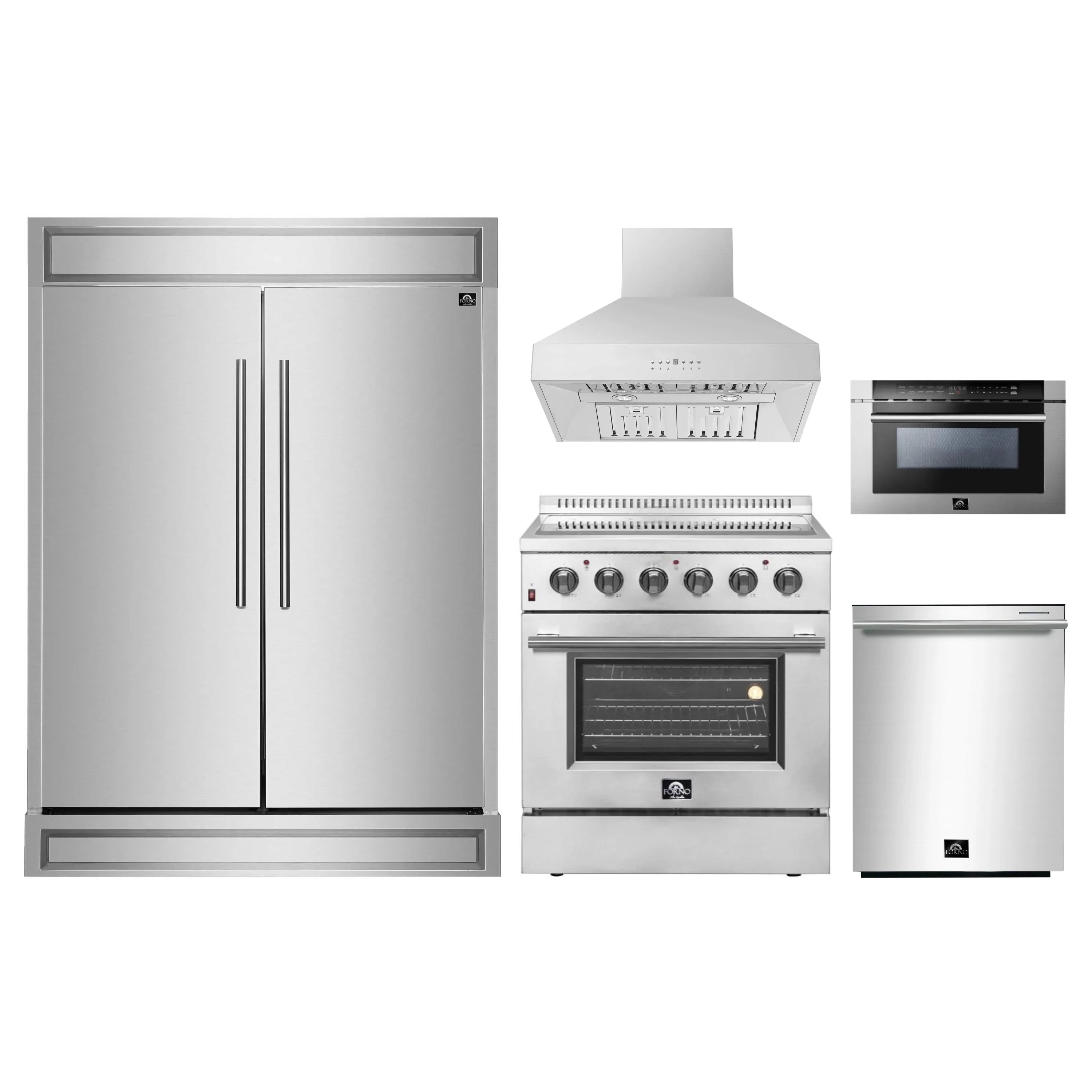 Stainless steel 5-piece appliance package: fridge, range, hood, microwave, dishwasher