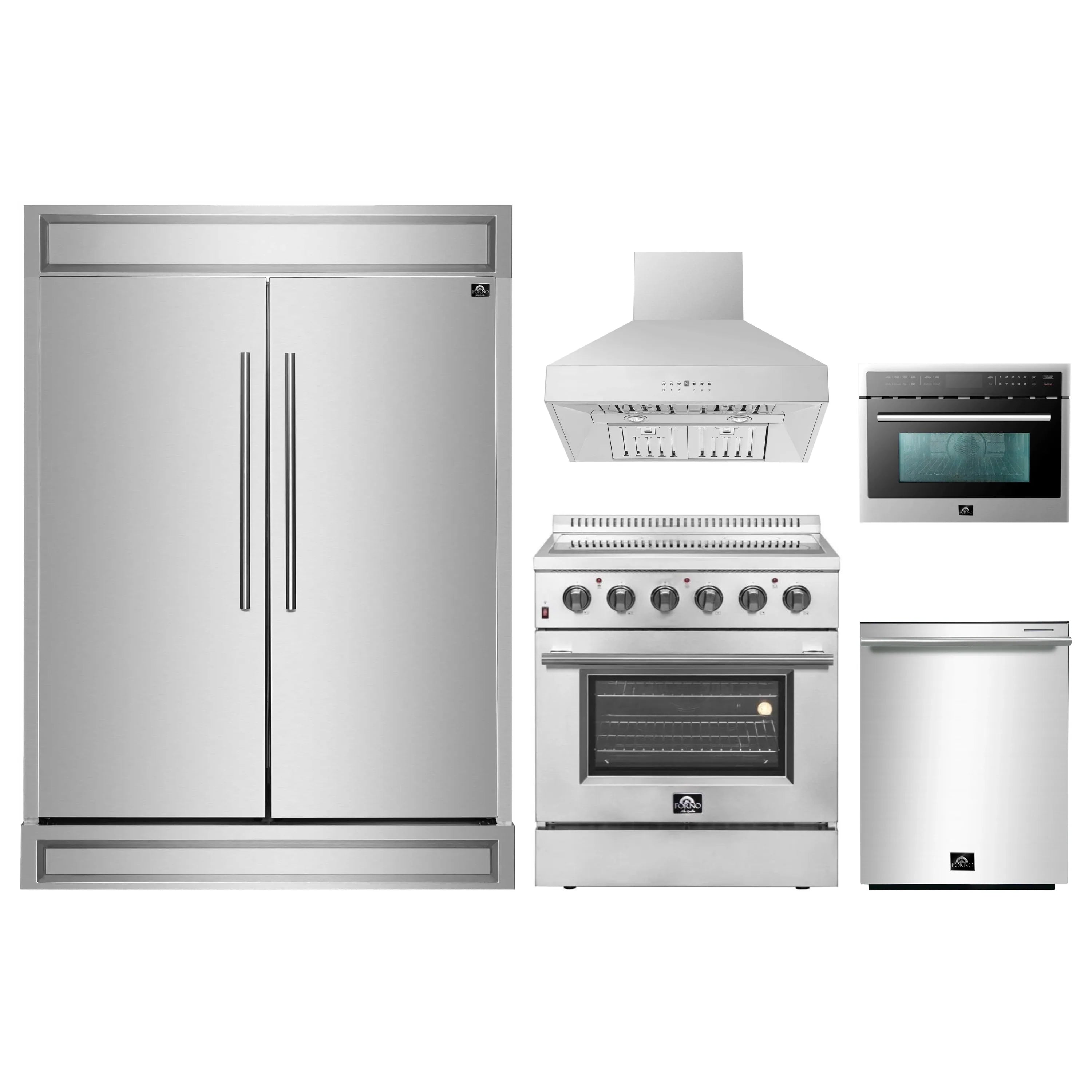 Stainless steel appliance package featuring refrigerator, range, hood, microwave, and dishwasher